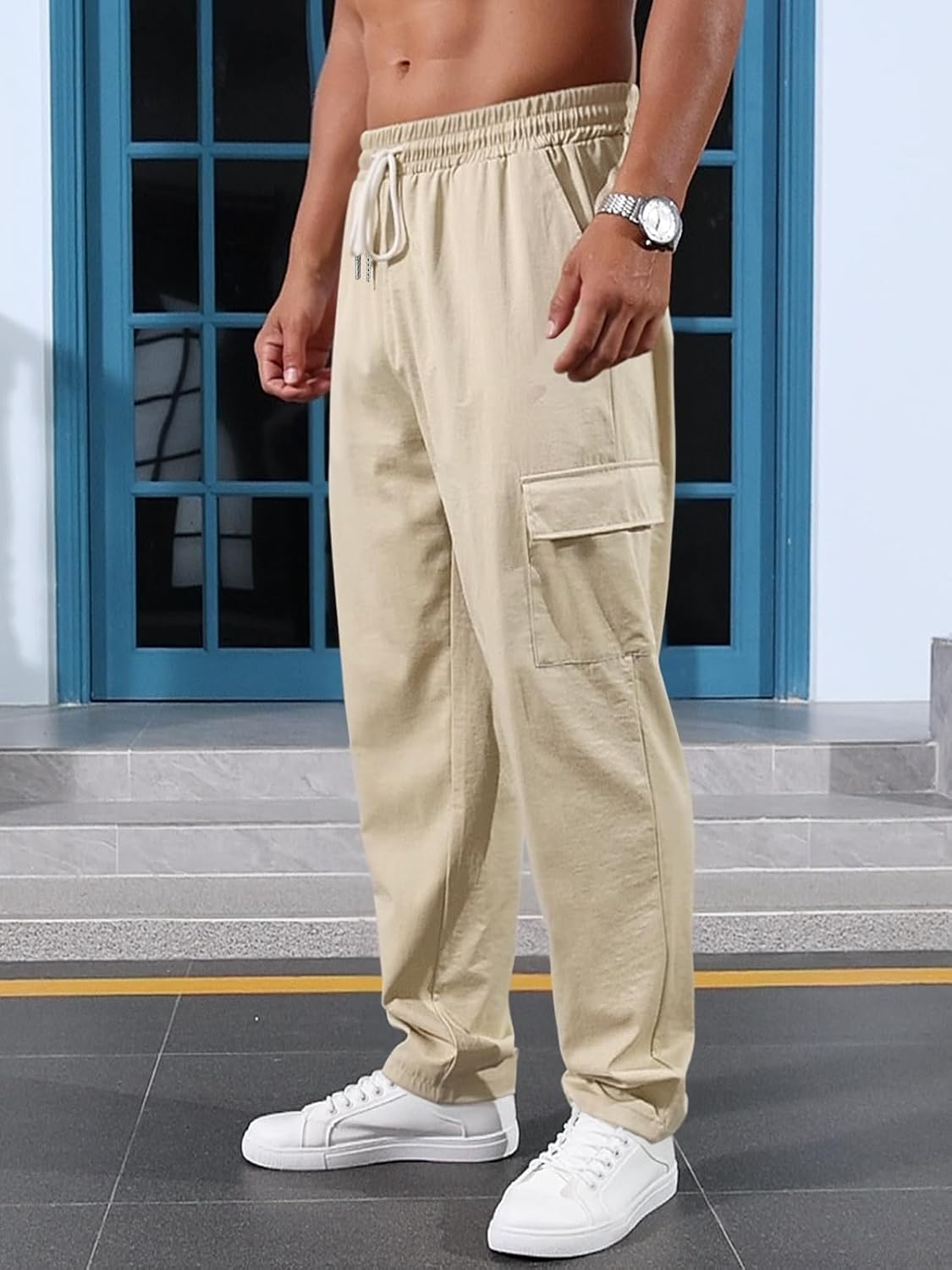 Men's Casual Cargo Pants Relaxed Fit Elastic Waist Drawstring Side Cargo Pockets Trouser Lightweight Work Pants - Image 3