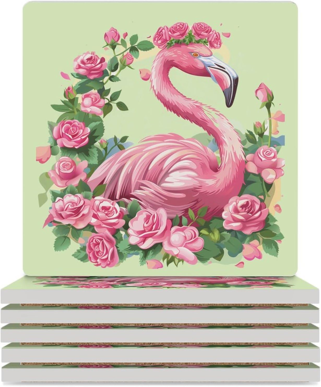 Flamingo with Flowers Coaster for Drinks Square Ceramic Table Coasters Stone Mat Crafts 6PCS Home Kitchen Decor