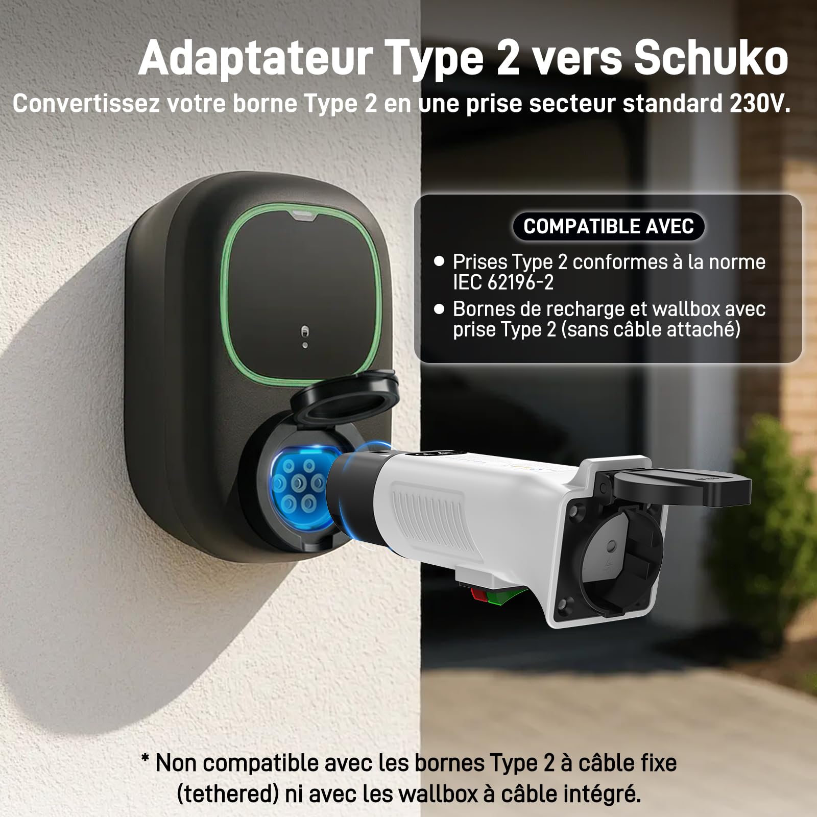 Adaptateur Type 2 vers Schuko pour Bornes de Recharge & Wallbox (230 V, 16 A, 3,68 KW, IP44) | Fiche Type 2 vers Prise Schuko pour Vélo/Trottinette/Moto/Quadricycle Électrique (Pas pour V2L)