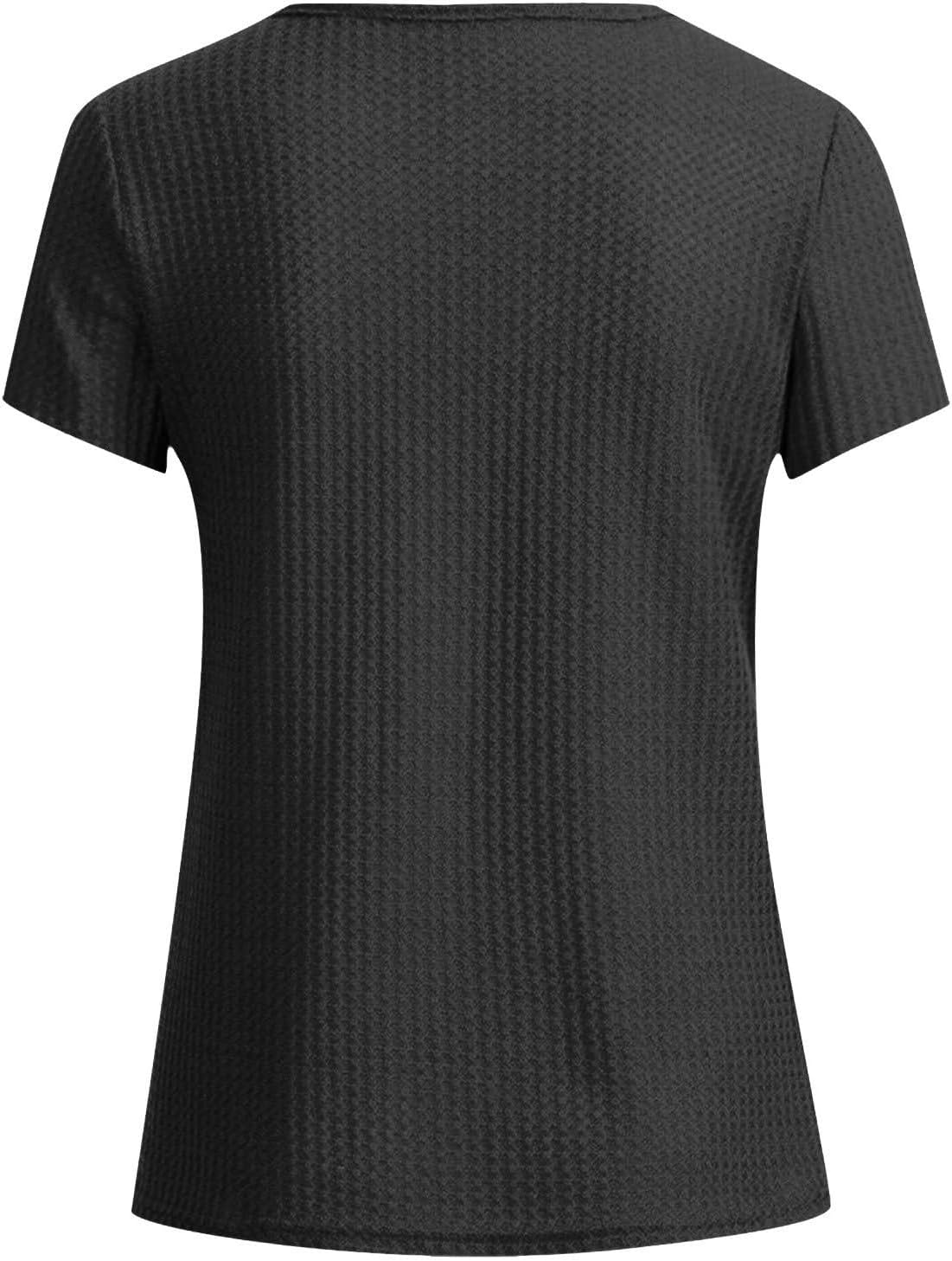 Womens V Neck Waffle Knit Tunic Tops Casual Short Sleeve Loose Fit T Shirts Basic Tee - Image 6