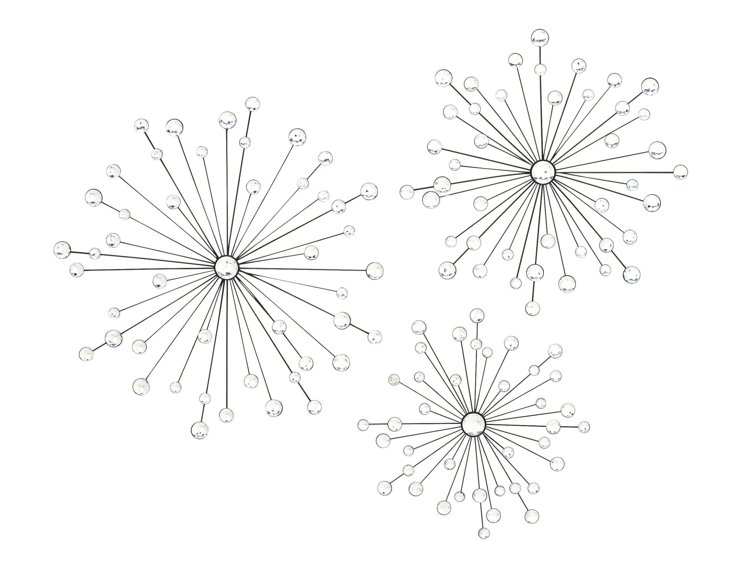 Deco 79 Metal Sunburst Home Wall Decor Wall Sculpture with Crystal Embellishment, Set of 3 Wall Art 16", 20", 24"W, Black