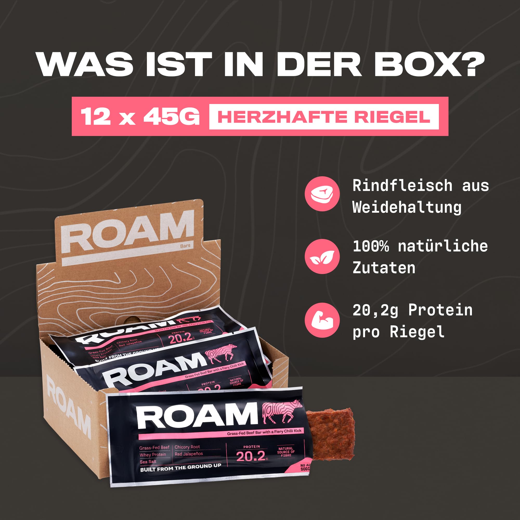 ROAM Low Carb Proteinriegel aus Rindfleisch – High Protein Energieriegel, Keto Snack & Mahlzeitenersatz – 12 x 45g – Glutenfrei, Gesunder Fitness Snack (Jalapeño Chili)