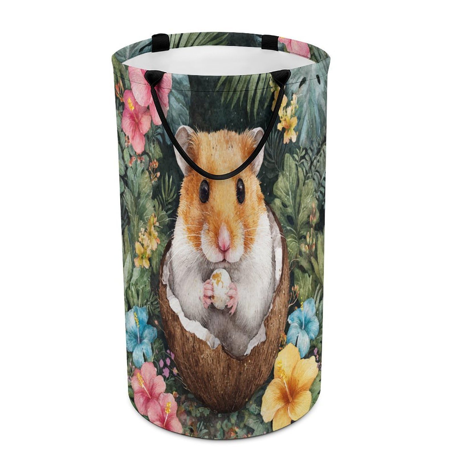 LUYYSKY Colorful Watercolor Cute Hamster Versatile Storage Laundry Basket, Beautiful Comic Palm Leaves Animals Hamster Floral Large Capacity Bathroom Hamper With Handle