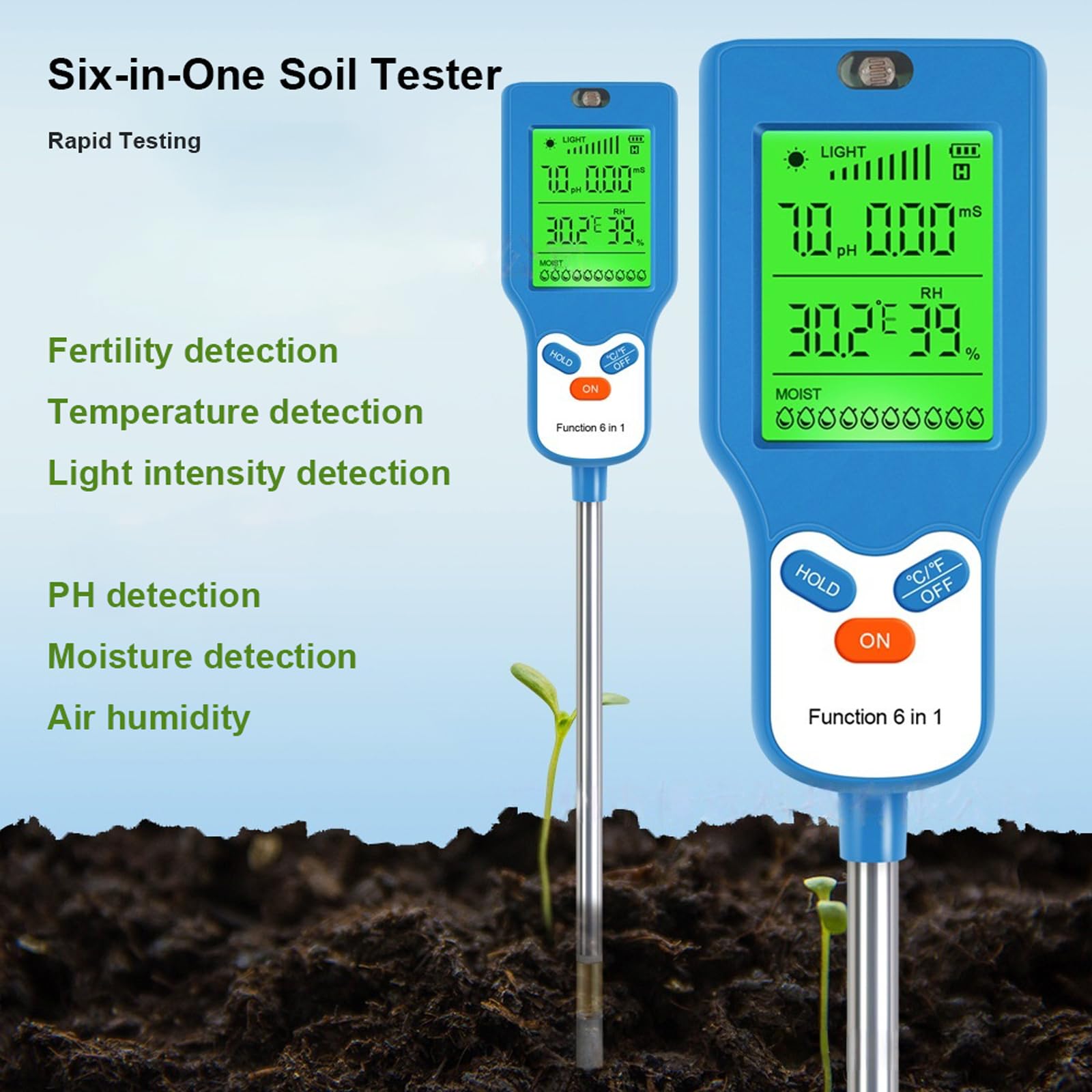 Medidor de Suelo 6-in-1, Medidor Digital de Suelo + Gran Pantalla LCD Retroiluminada + Sonda de Alta Sensibilidad, Para Jardines en Macetas y Horticultura