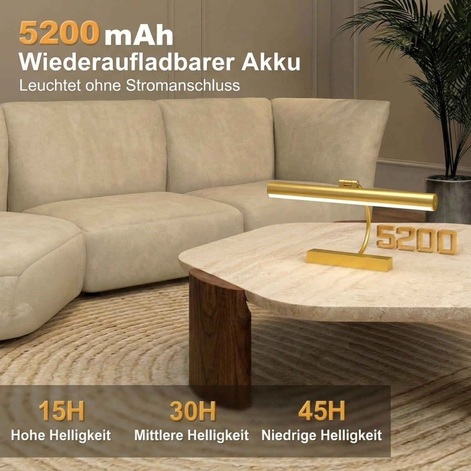 Gresonic 2pc Bilderleuchte Kabellos Akku, 42cm Wiederaufladbar LED Bildlampe mit Fernbedienung Timer, 3 Farbtemperaturen Dimmbar, 210° Drehbar Bildbeleuchtung aus Acryl für Spiegel, 5200mAh Gold