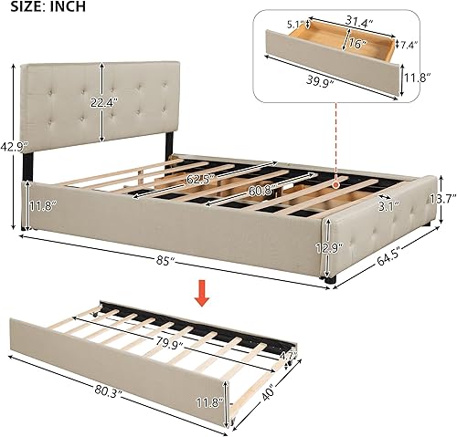 Miniatura 2 de P PURLOVE Cama de plataforma tamaño Queen para dormitorio, marco de cama tapizado de terciopelo para sala de estar, kit de listones incluido, no