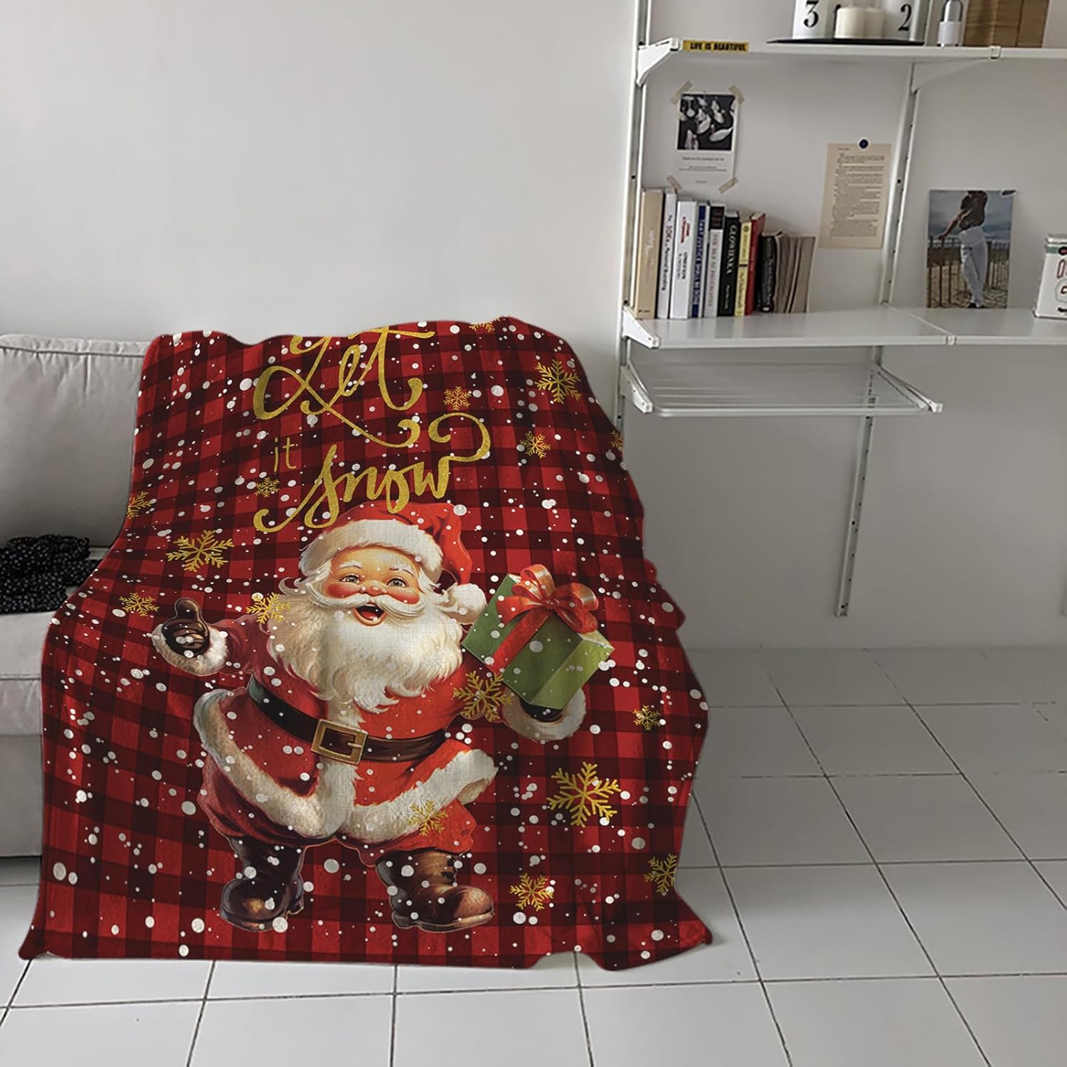 Fuzzy Fleece Throw Blanket, Lightweight Christmas Santa Claus Snowflake Red and Black Buffalo Plaid Super Soft Flannel Bed Blankets, Reversible Plush Sherpa Blankets for Couch, Bed, Sofa 49"x59"