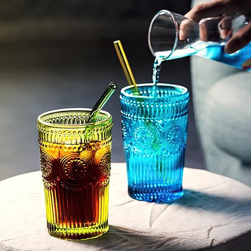 Miniatura 4 de Kingrol Paquete de 6 vasos vintage de 12 onzas, vasos de agua románticos en relieve, juego de vasos de vidrio para jugo, bebidas, cerveza, cóctel
