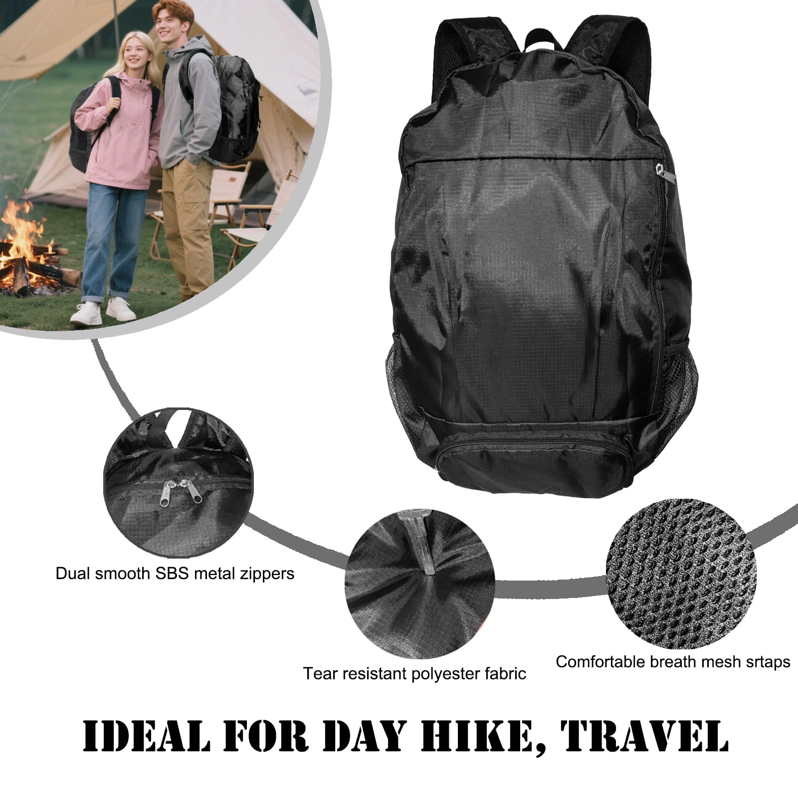 Mochila de senderismo ultraligera de 30 L, mochila plegable de viaje, mochilas pequeñas plegables para mujeres y hombres (negro) 4