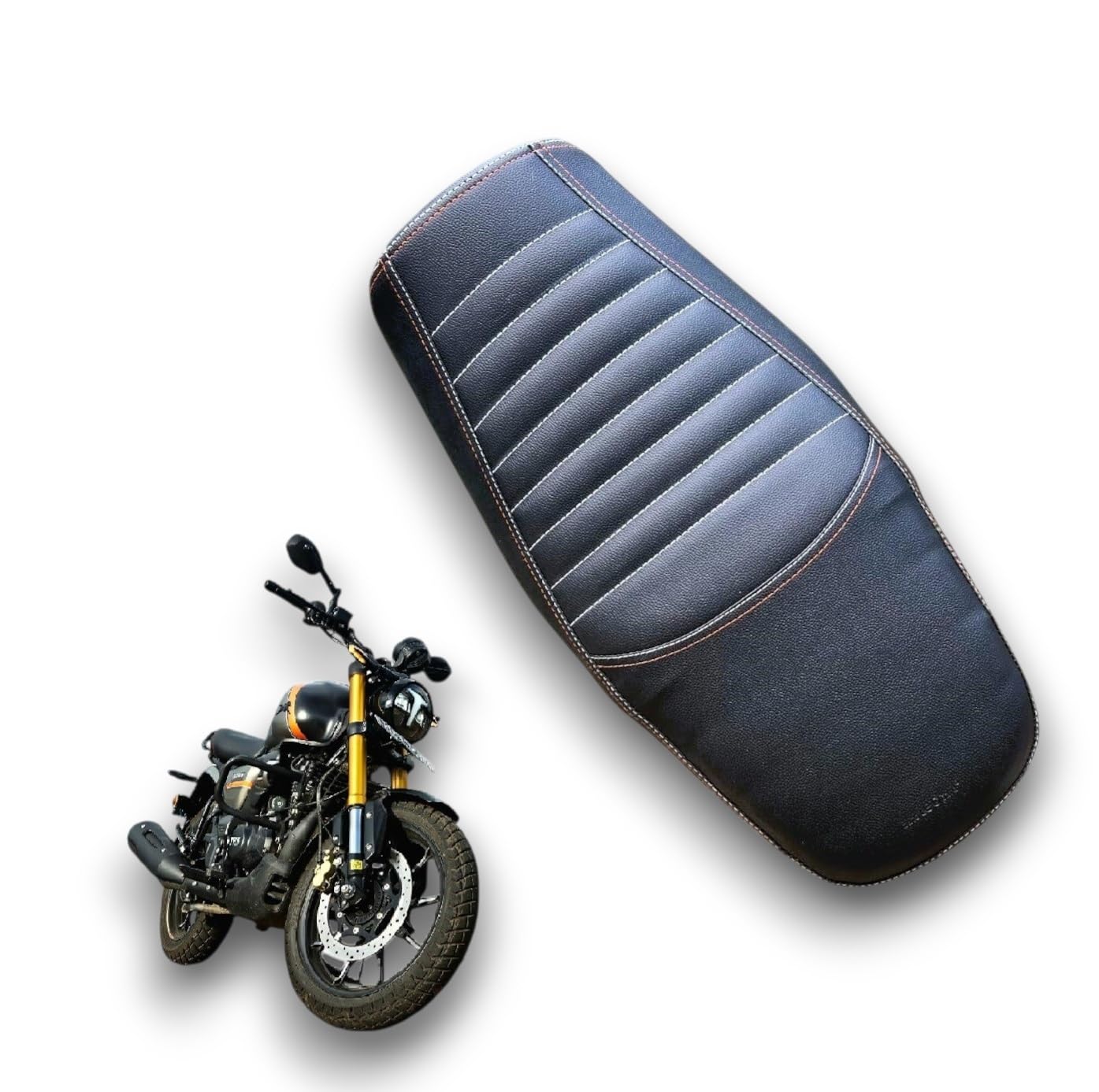 Ronin 225 Bike SEAT Cover,PU Leather,Ready to FIT,Rope PROVIDED,Colour Black,10 mm Cushion Foam.Quality and Fitting Tested,White Orange Stitch-image-35
