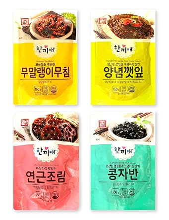 [Big Pack] Korean Side Dishes Set 4-Pack Banchan Braised Lotus Root, Soybeans, Dried Radish, Seasoned Perilla Leaves | 150g Each, Total 600g | Ready to Eat, Traditional Korean Meal Prep , ,