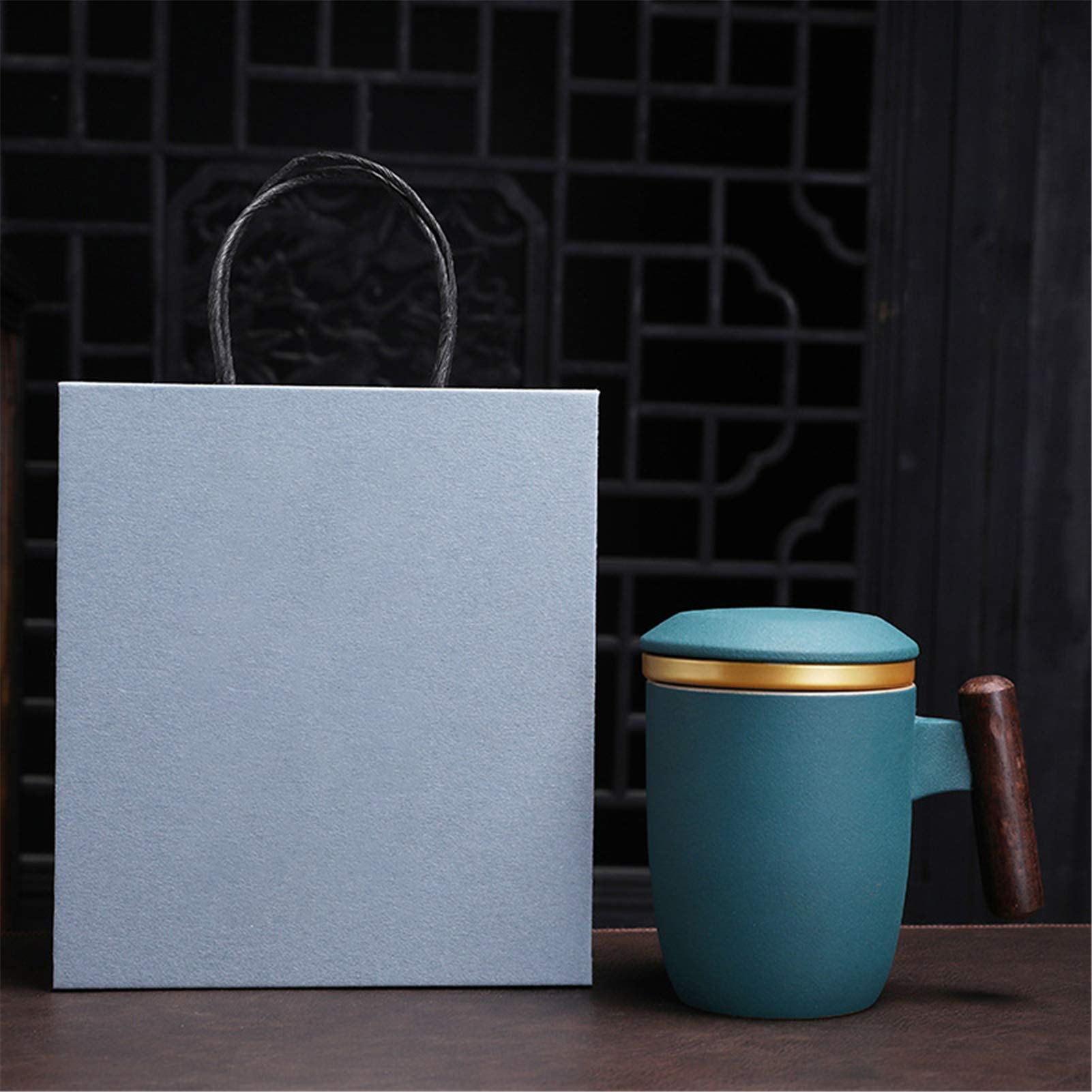 Teetasse Mit Deckel Sieb Und Holzgriff 400ml Porzellan Teebecher, Plastikfrei Cup Keramikbecher Set Zum Einweichen Von Losen Tee, Für Büro, Zuhause Oder Geschenk (Dunkelgrün)