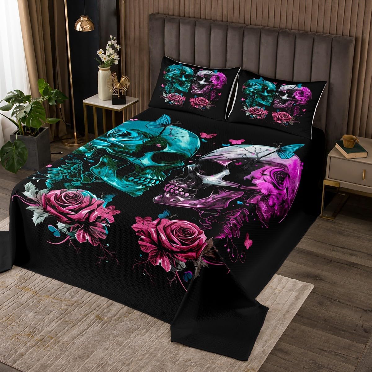 Erosebridal Goth Skull Quilt Set Queen Size for Kids Teens Adults,Teal Black Coverlet Set,Neon Sugar Skull Bed Cover Bedroom Decor,Halloween Gothic Bedspread Set