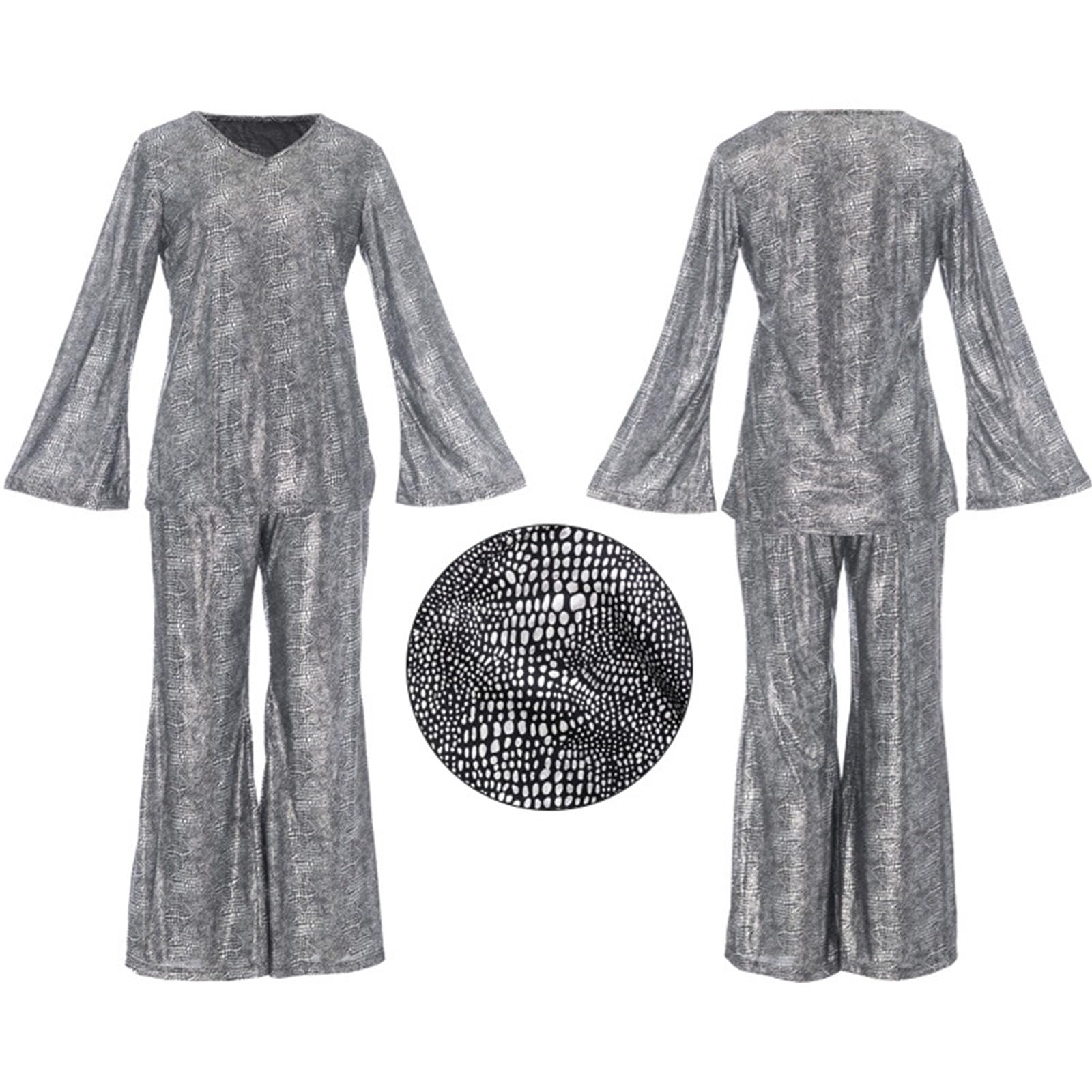 Disco Kostüm Damen 60er 70er Jahre Disco Outfit mit Perücke Halskette Armband Ohrringe Stirnband Pailletten 80er Jahre Hippie Kostüm für Halloween Faschingskostüme Themenparty S-3XL