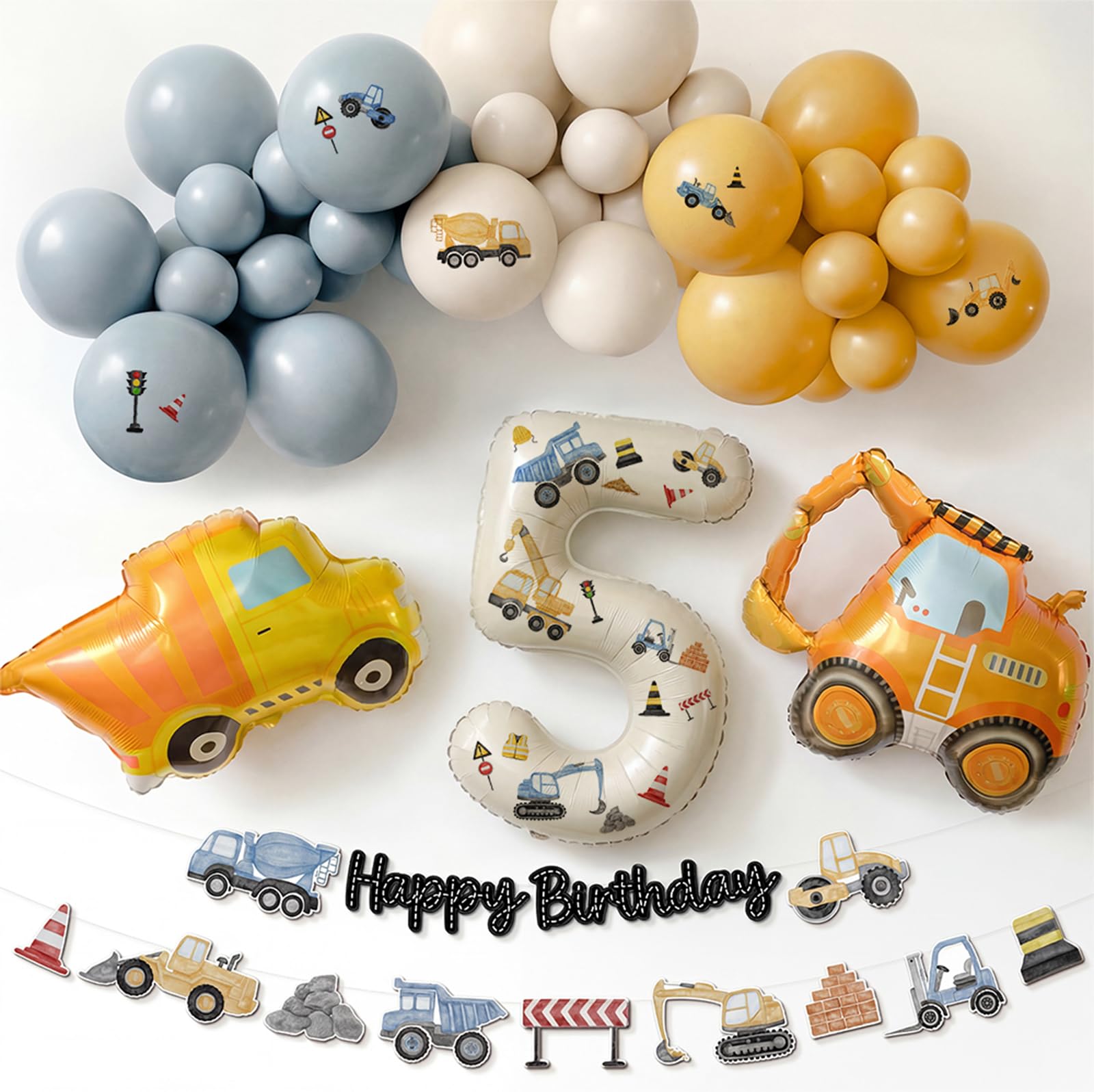 5th Birthday Decorations Boy - Digger Birthday Decorations Construction Balloons Arch Kit with Foil Excavator Balloons 32Inch Number 5 Balloon and Happy Birthday Banner(Not Pre-Printed Balloons)