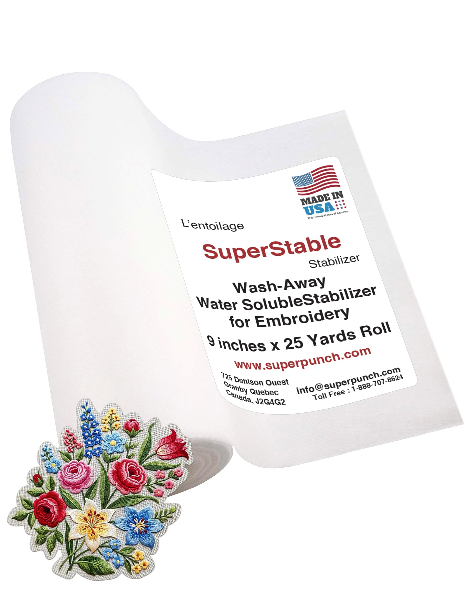 Wash-Away Water Soluble Stabilizer 9 inch x 25 Yard Roll. SuperStable Embroidery Stabilizer & Topping