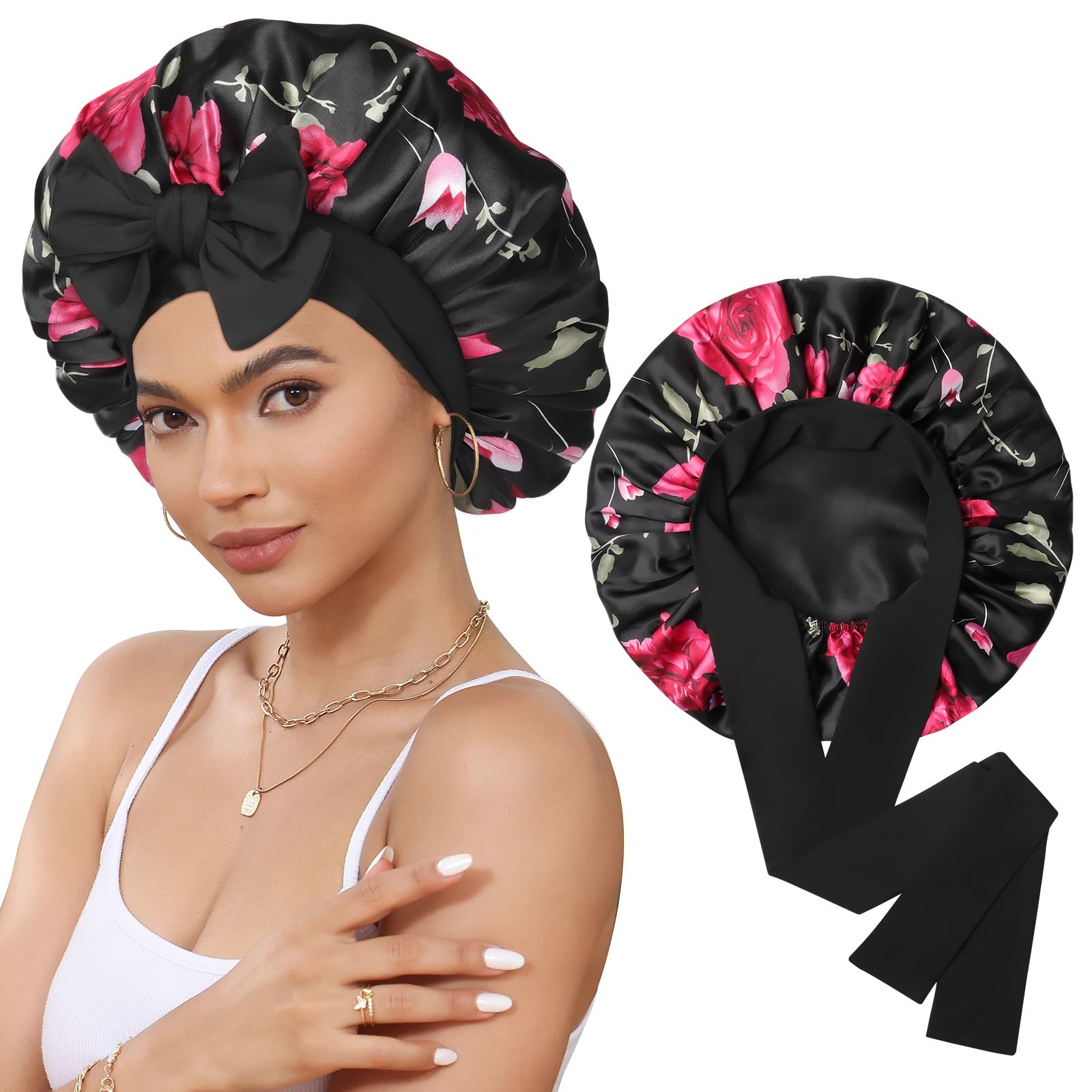 Satin Bonnet Silk Bonnet for Sleeping Silk Sleep Cap Double Layer Hair Bonnet with Elastic Tie Band for Curly Hair Night Cap