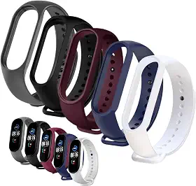 Kit 5 Pulseiras Compativel MI Band 5 e 6 Cores Preta Azul Vinho Marsala Cinza e Branco Silicone Com Pino Resistente Smartband