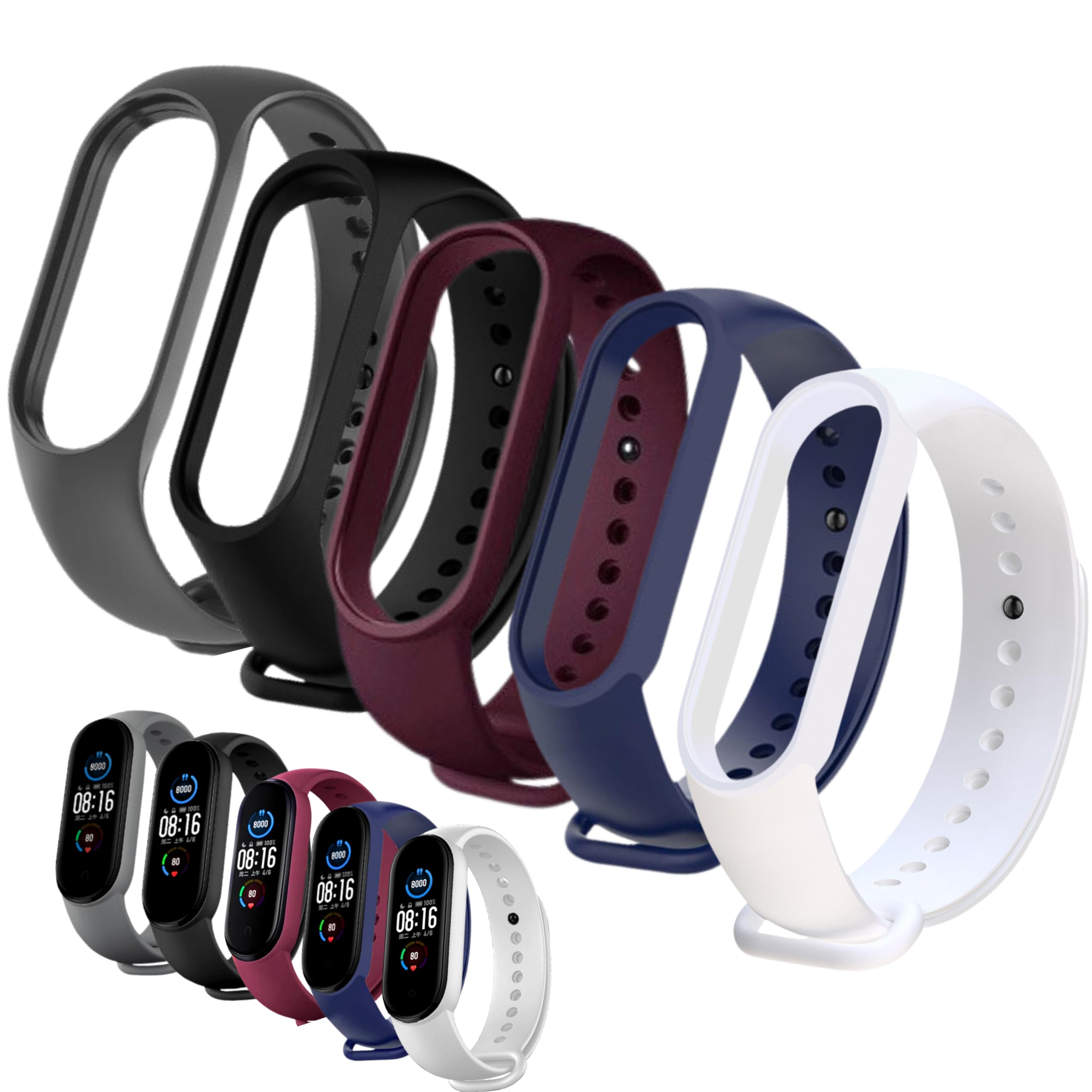 Kit 5 Pulseiras Compativel MI Band 5 e 6 Cores Preta Azul Vinho Marsala Cinza e Branco