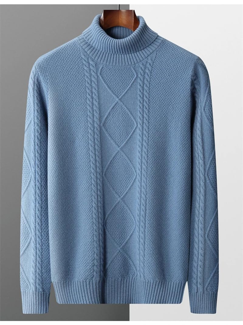 Męski Sweter Z Długim Rękawem Z Wełny, Gruby Sweter Z Wysokim Kołnierzem, Luźna Koszula, Swobodna, Ciepła Kurtka-Blue-Large