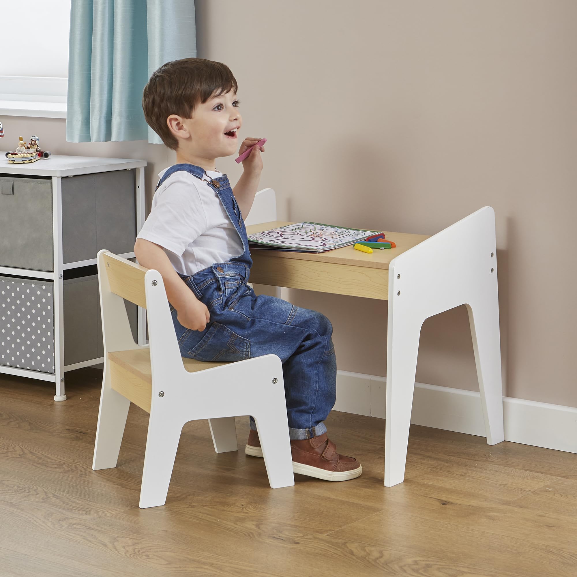 Liberty House Toys Kids Play Table and Chair Set - White and Pine - Scratch-Resistant Melamine Top - Raised Sides
