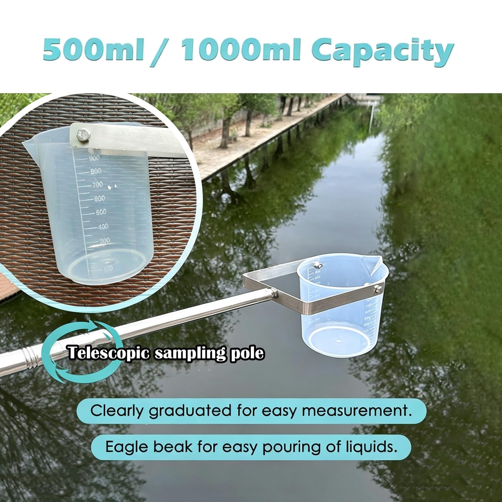 Recolector De Muestras De Agua, Vaso De Muestreo Graduado De Plástico | Muestreador De Agua De Largo Alcance, Varilla Telescópica, Estanques Lagos Ríos Acuicultura(1000ml,1.43-6.0m/4.7-19.7ft)