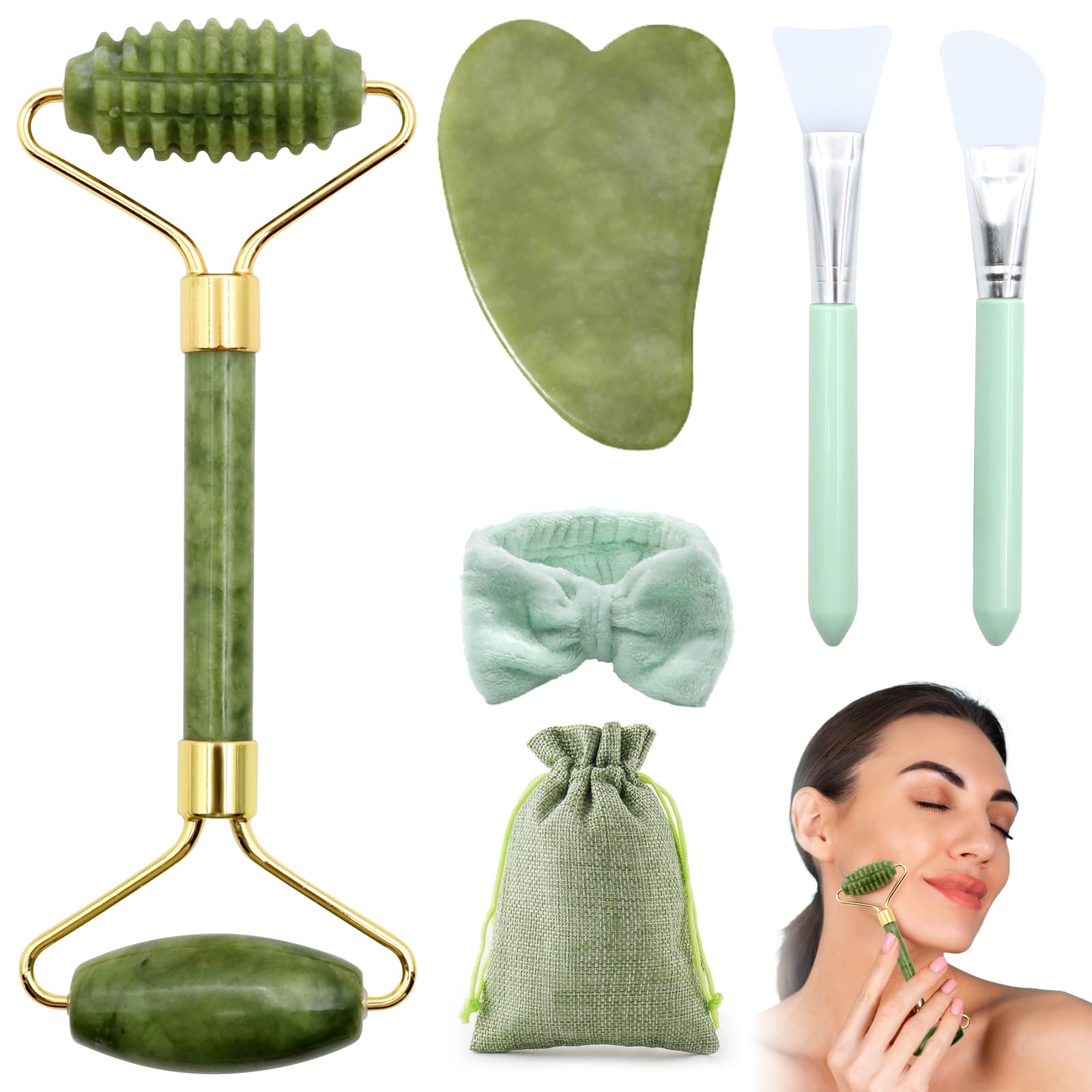 VEGCOO 6 en 1Gua Sha Facial Rodillo de Jade, Rodillo Masaje Facial+ Guasha Facial Piedra+ Diadema+Cepillo de Mascarilla de Silicona+Bolsa, Rodillo Masaje Facial para Mujer, Aliviar las Arrugas (B)