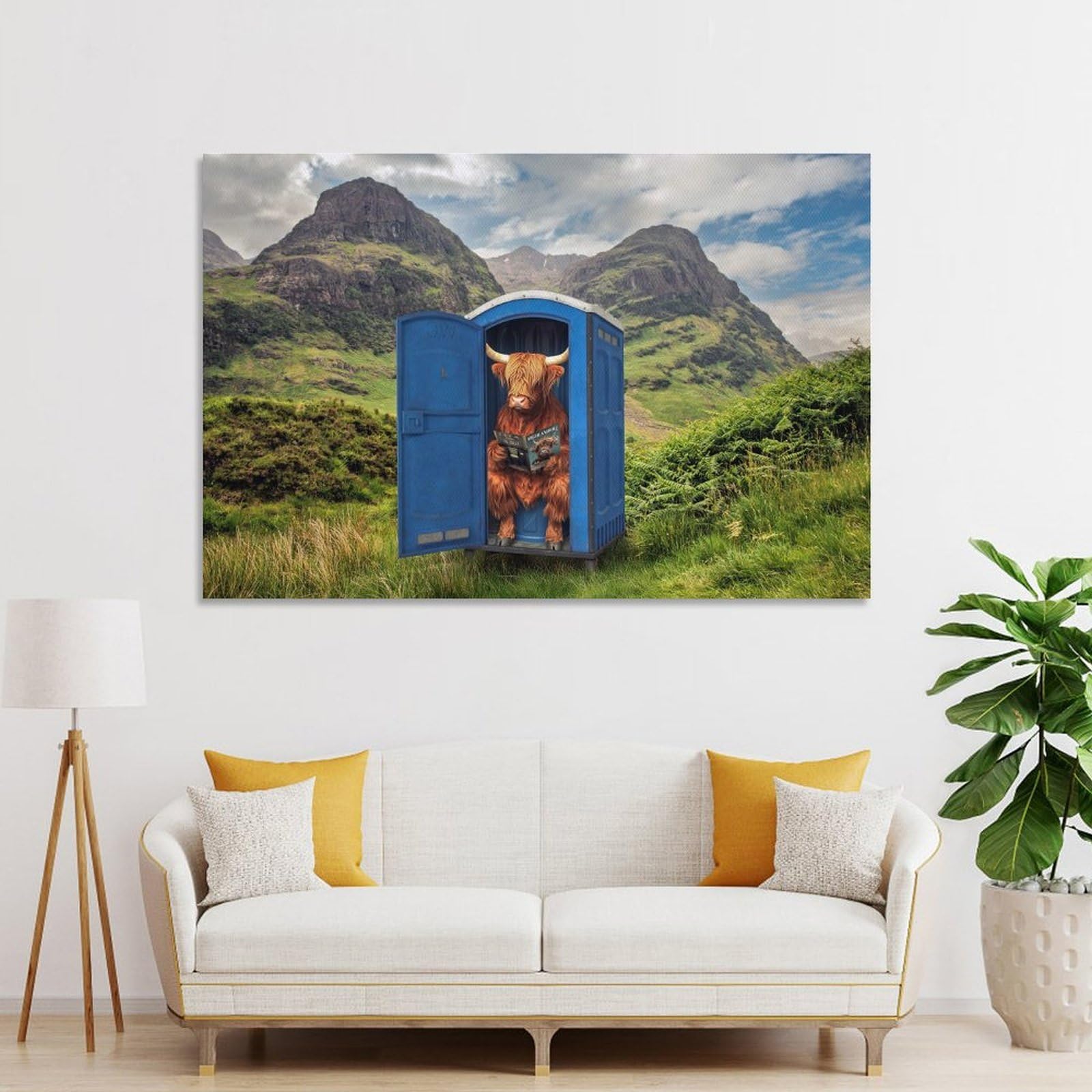 Junmoney Highland Cow on The Toilet in Glencoe Wall Art Print 24x36inch(60x90cm), for Corridors, Hallways Or Apartment Entries, Wall Decor to Refresh Empty Corners
