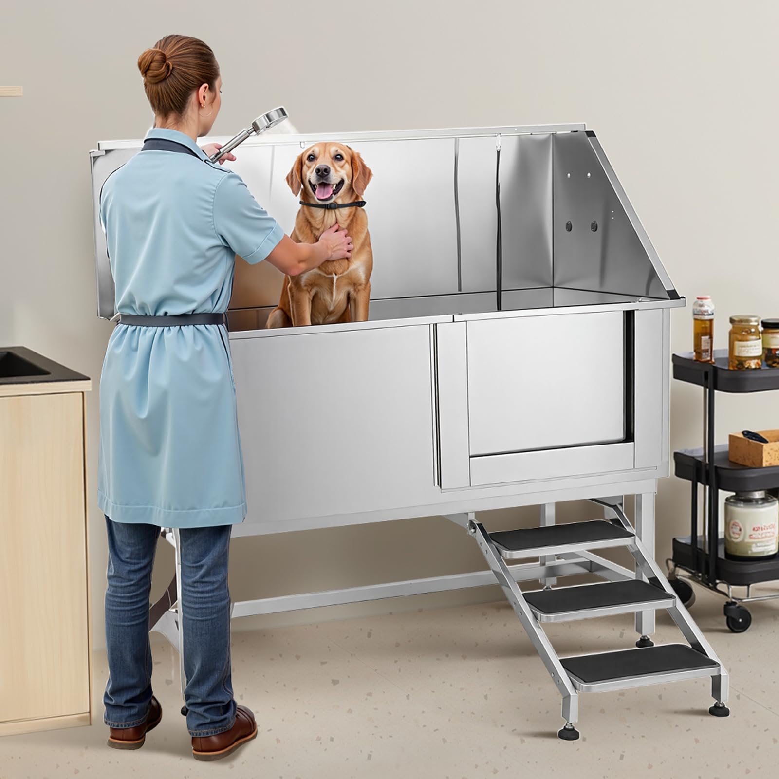 VEVOR Baignoire de Chien Acier Inoxydable, Baignoire de Toilettage pour Animaux de Compagnie 150 cm Station de Lavage Chat, avec Escalier, Panneau Filtre à Eau, Robinet, Pommeau Douche, Porte Droite