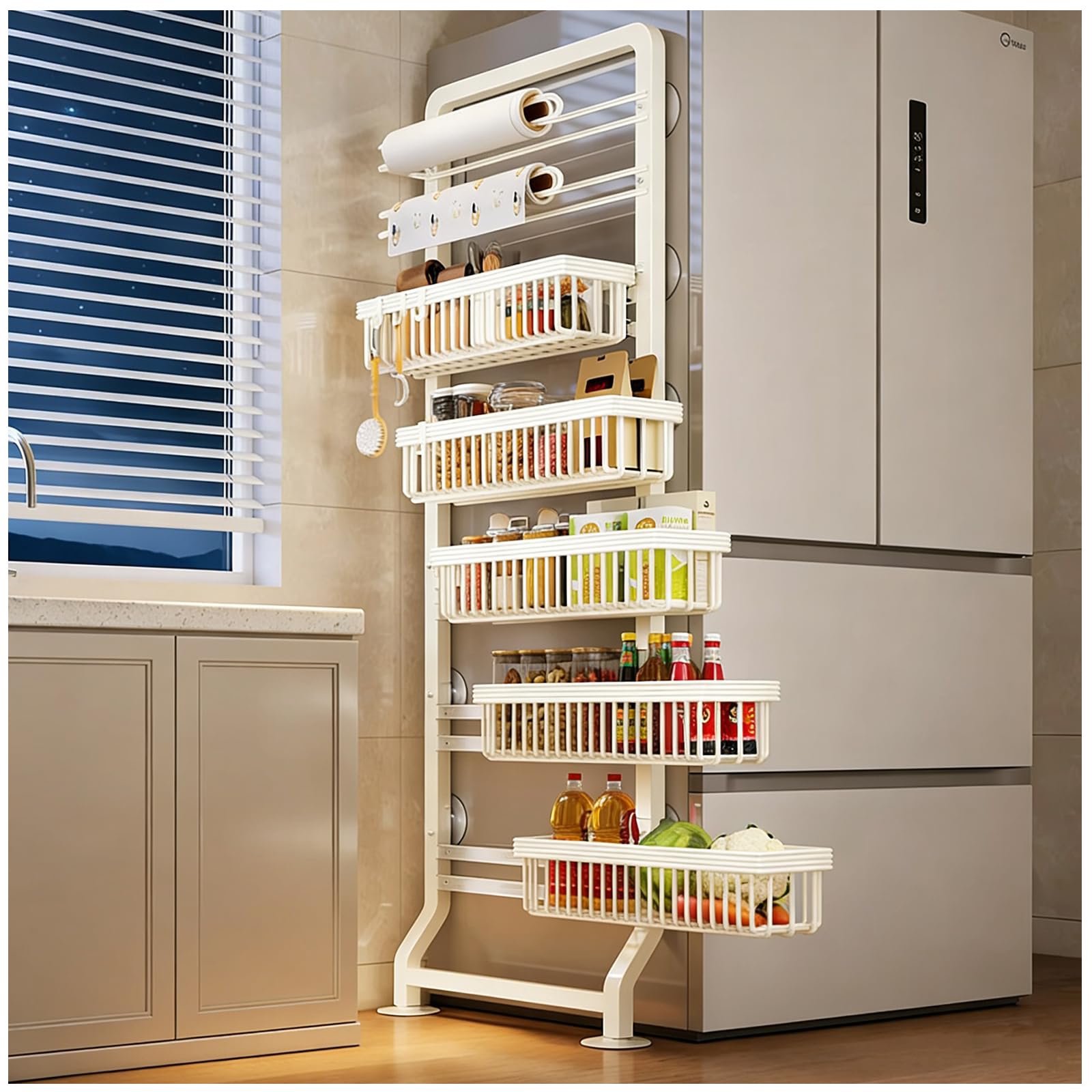 Estante de 7 niveles para puerta estrecha, organizador de despensa de metal para baño, cocina, lavandería y sala de estar, blanco Sto Solut para niños con 5 Hoo