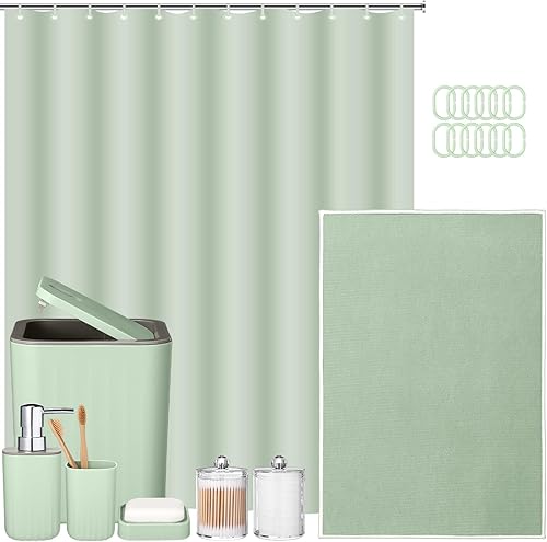 Miniatura 9 de Hosuly Juego de 9 piezas de accesorios de baño, cortina de ducha y 12 ganchos, dispensador de jabón, jabonera, tapete de baño antideslizante, taza y