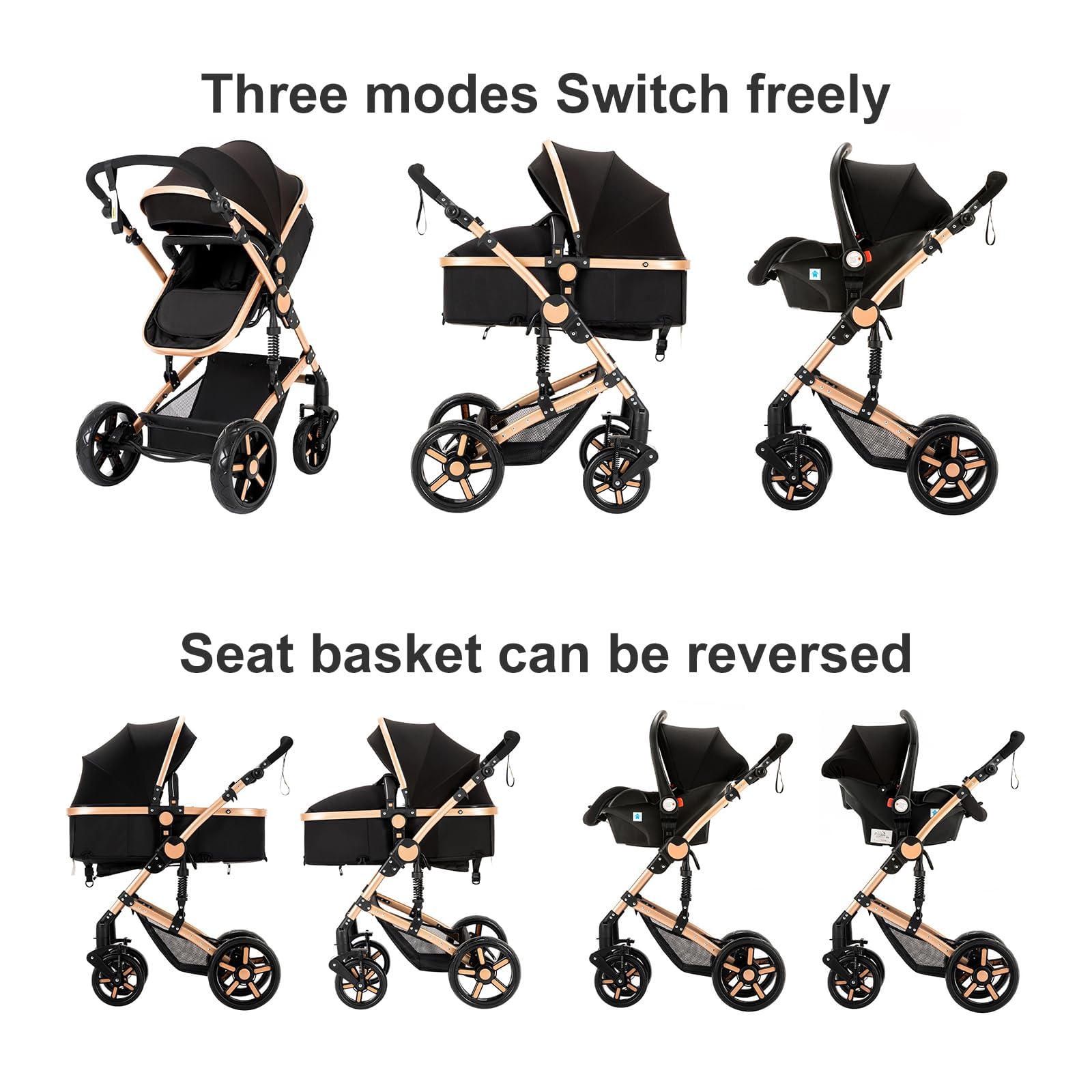 Veitoalioy Passeggino 3 in 1 Trio Neonati, Per Neonato 3 in 1 Passeggini, Carrozzino multifunzione, Passeggino Pieghevole (588 Black Gold)