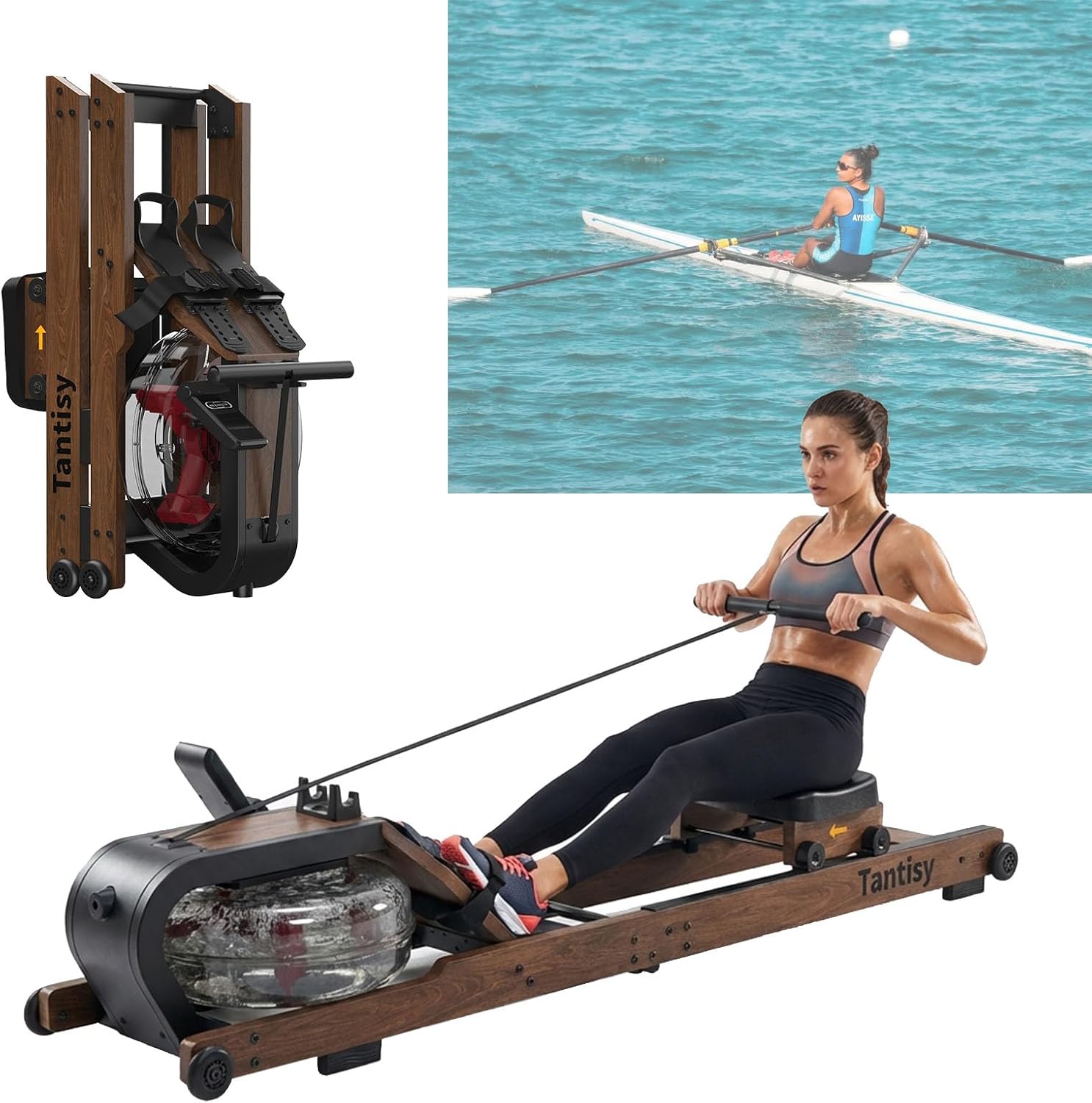 TANTISY Foldable Rowing Machines for Home with Adjustable Large Water Tank