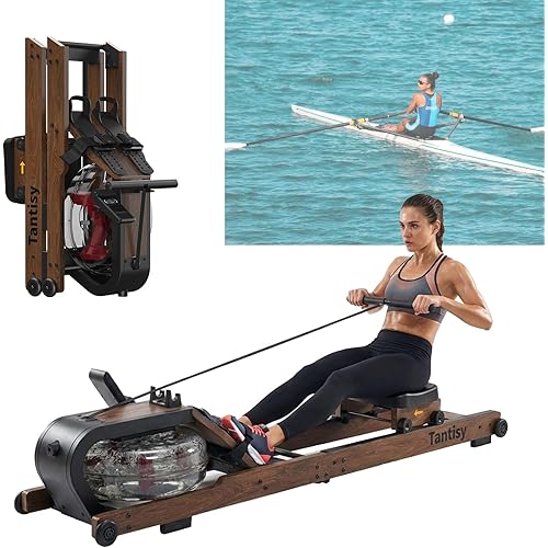 TANTISY Foldable Rowing Machines for Home with Adjustable Large Water Tank & Comfortable Seat for Real Experience Immersive Water Rower, APP Link,Joint 0 Impact 330LBS Weight Capacity;
