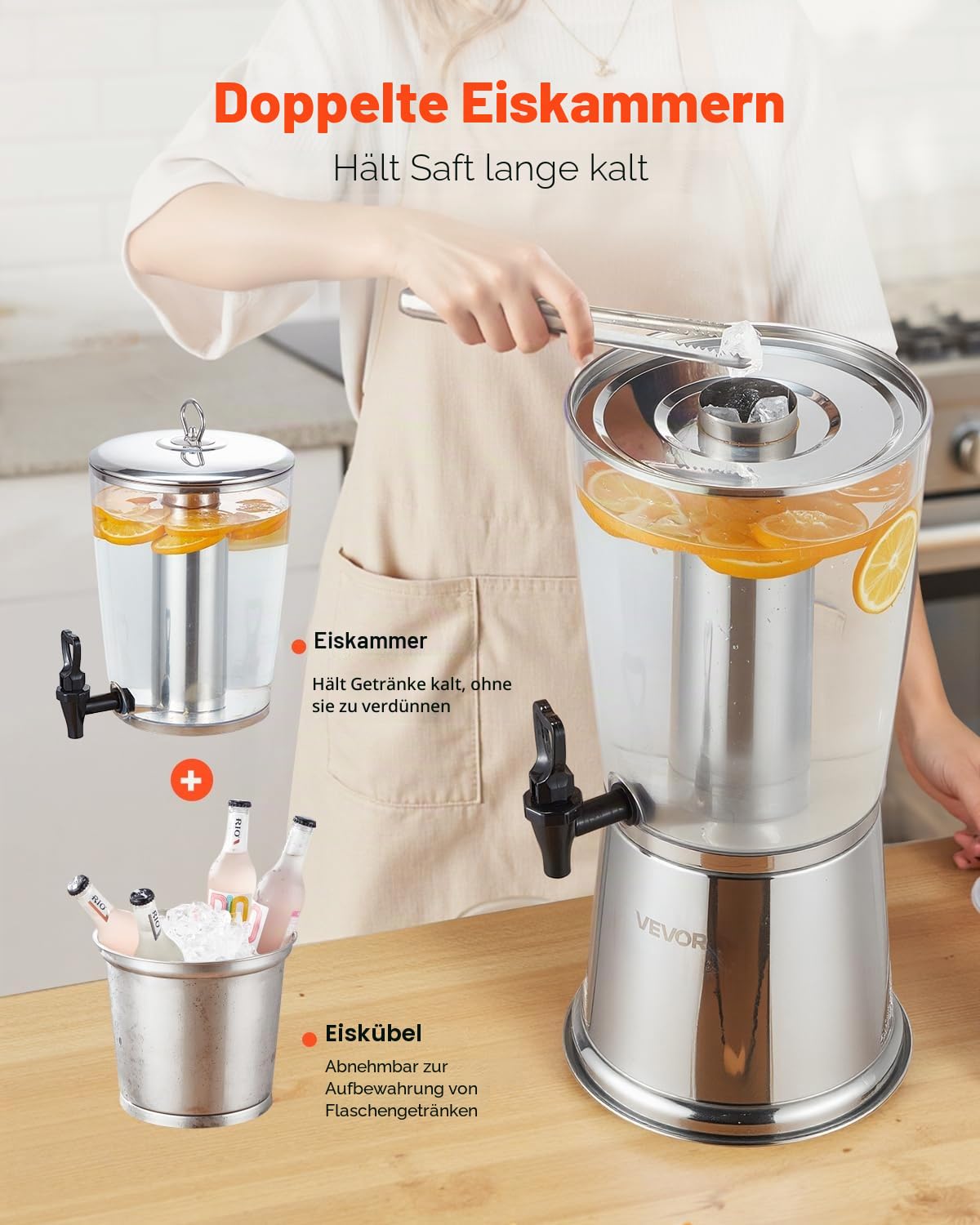 VEVOR Getränkespender (1 x 8 L) für Partys Saftspender (aus Edelstahl + Kunststoff) mit tropfsicherem Zapfhahn Wasserspender für Restaurants Partys, Limonade Eistee selbstgemachte Getränke Spender