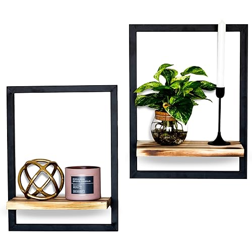 Sapphiren Set of 2 Black Floating Shelves, Wall Shelves for Wall Decor, Rustic Shelves for Living Room, Bedroom, Bathroom, Plants, Storage, Metal Wood Wall Mounted Display Shelves