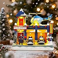 Vista 4 de WONDER GARDEN Casas de pueblo navideño, casas de Navidad, aldea - Estación de policía musical iluminada, edificios coleccionables con automóvil