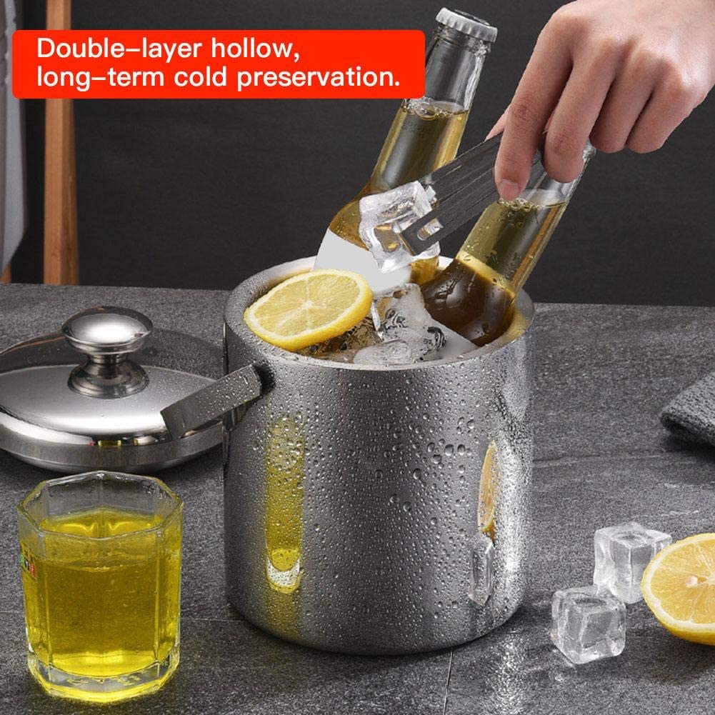 Ice Bucket with Lid and Strainer and Ice Tong,Double-Wall Stainless Steel Ice Bucket for Cocktail Bar and Freezer, Ice Cube Bucket for Champagne, Silver Ice Wine Chiller for Bar and Parties