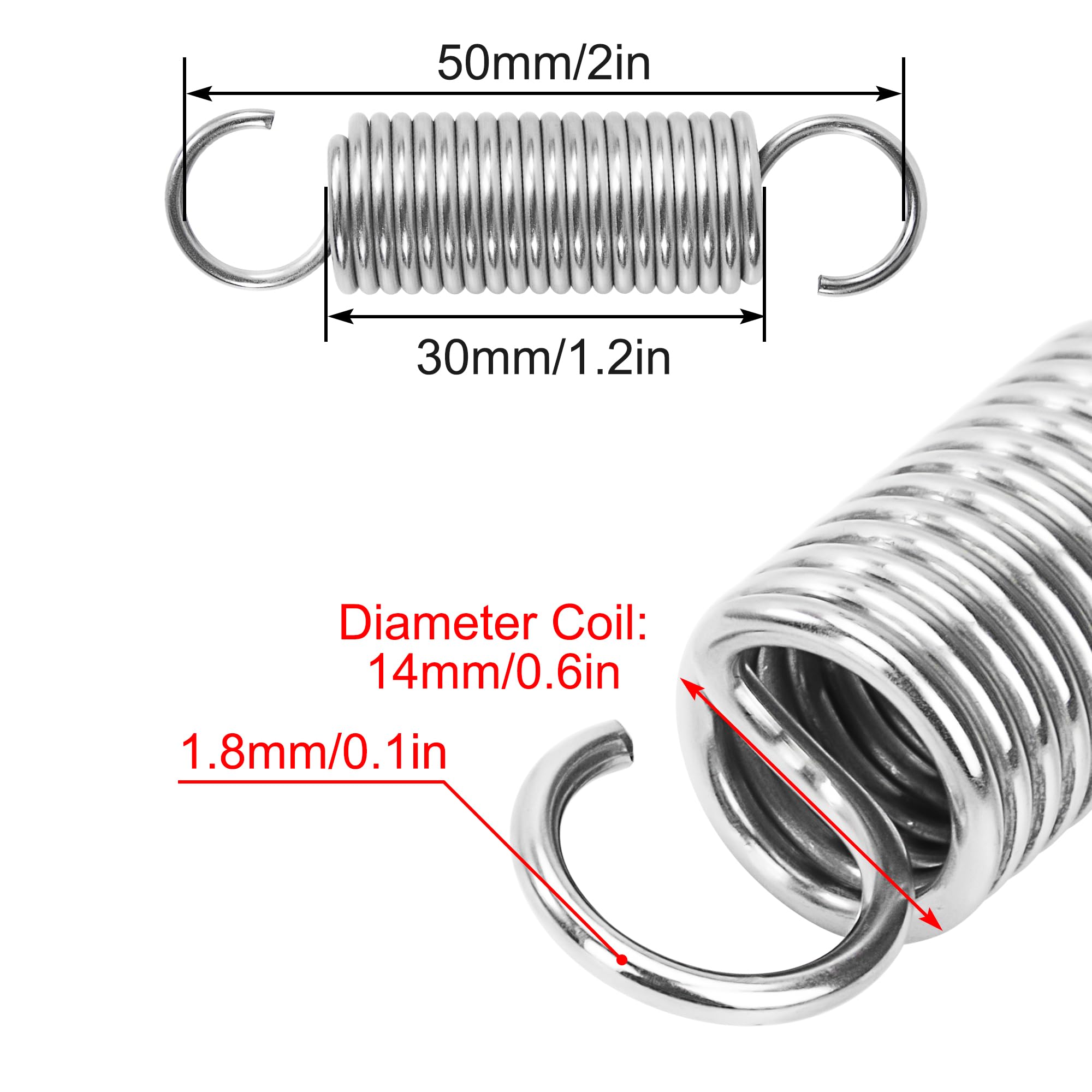 Sprężyny naciągowe 50 mm sprężyna ciągnąca podwójny hak ze stali nierdzewnej średnica drutu 1,8 mm średnica zewnętrzna 14 mm ciągnięcie 7,60 kg 4 sztuki