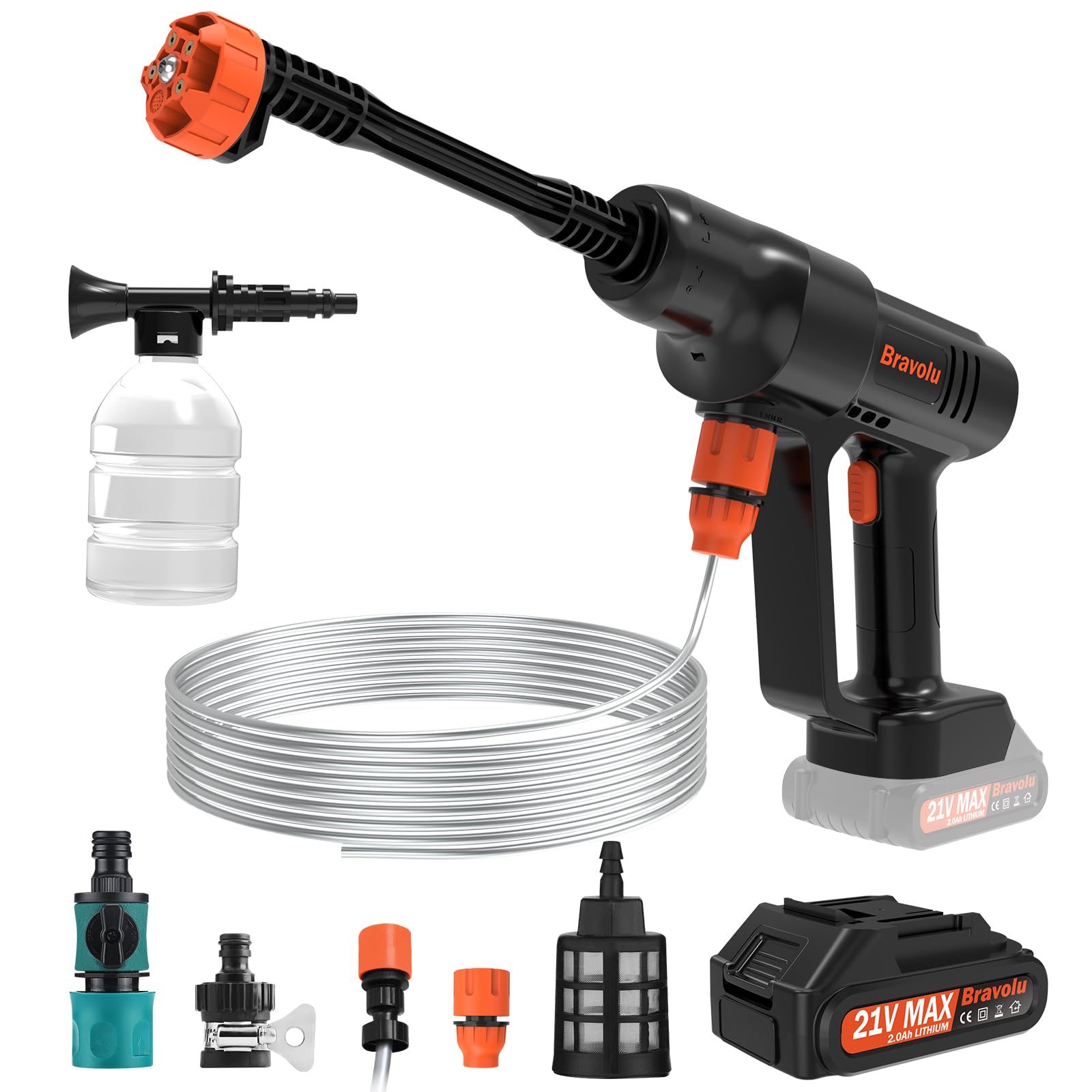 Hidrolimpiadora a Batería, Bravolu MAX 500 PSI Hidrolimpiadora de Alta Presión Portátil con Boquilla Multifunción 6 en 1 Negro