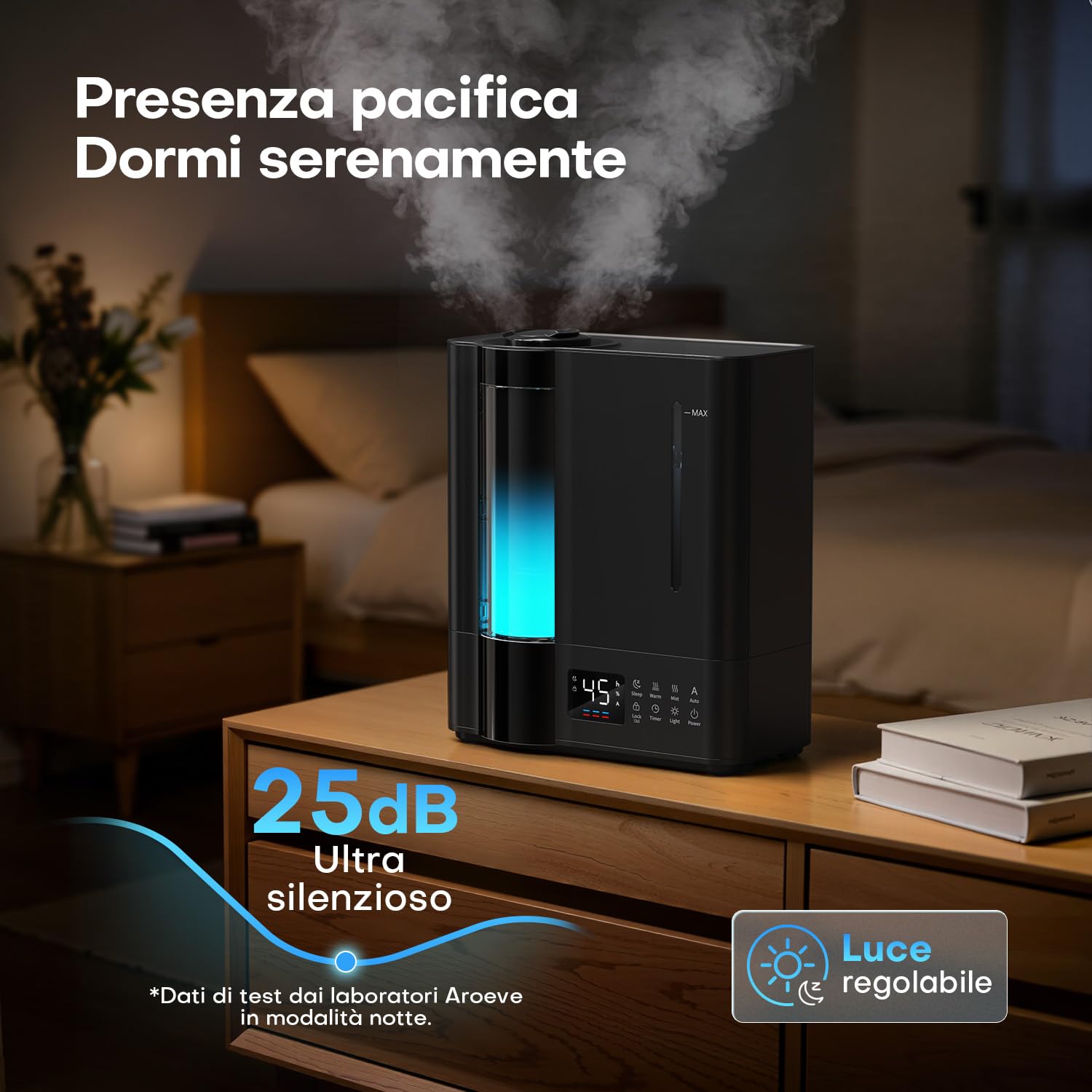 AROEVE 8L Umidificatore Ambiente, Umidificatore Nebbia Calda & Fredda per Ambienti Grandi, Caricamento dall'Alto, Diffusore Aromi, Sensore Umidità, 60H/22dB Silenzioso per Bambini Stanza Bimbi Piante