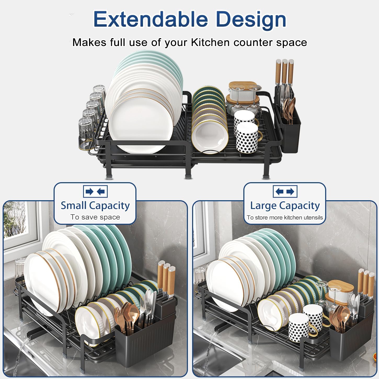 Dish Drainer Crockery - Length-adjustable Dish Rack with 360° Rotating Drain Channel and Removable Drip Tray - Space-saving Kitchen Organisation for Small Spaces (Black) image 3