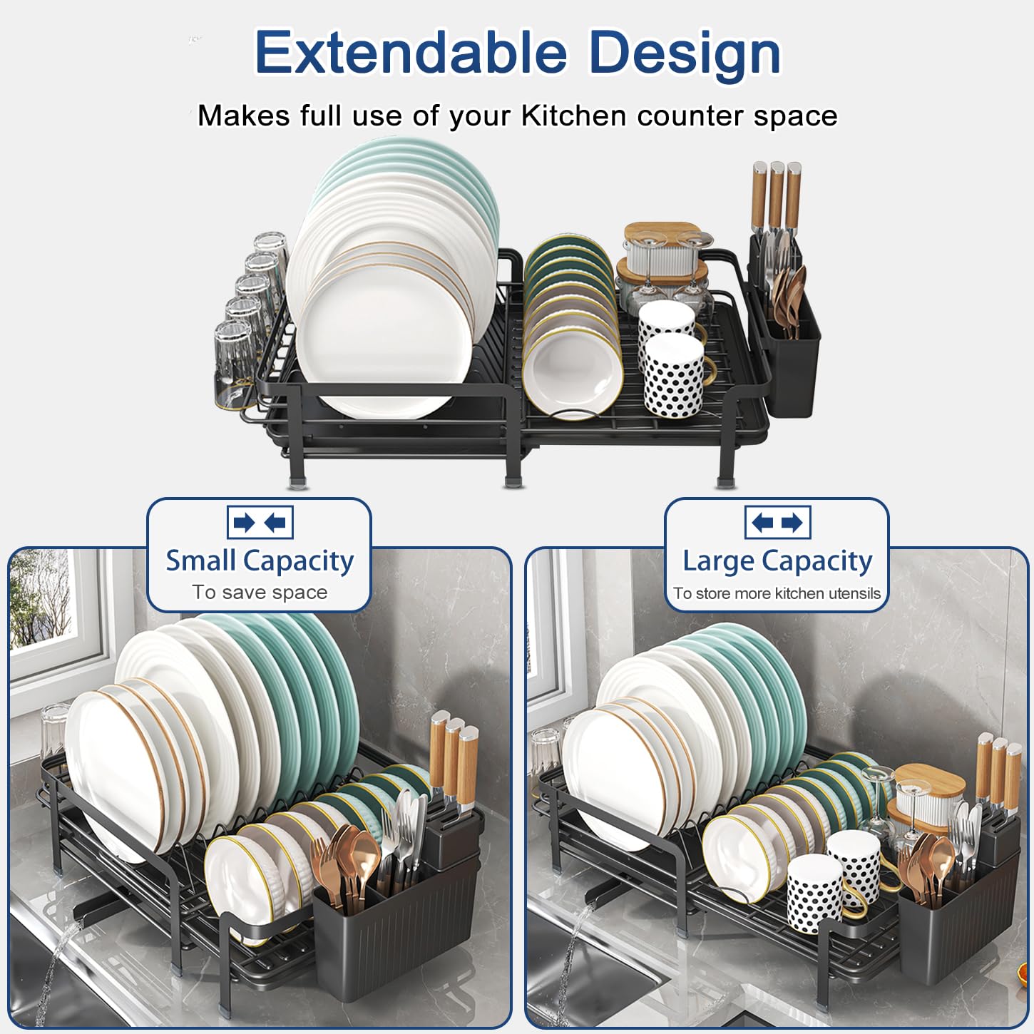 Escurreplatos de vajilla – Escurreplatos ajustable con canalón giratorio 360° y bandeja de goteo extraíble – Organización de cocina para espacios pequeños (negro)