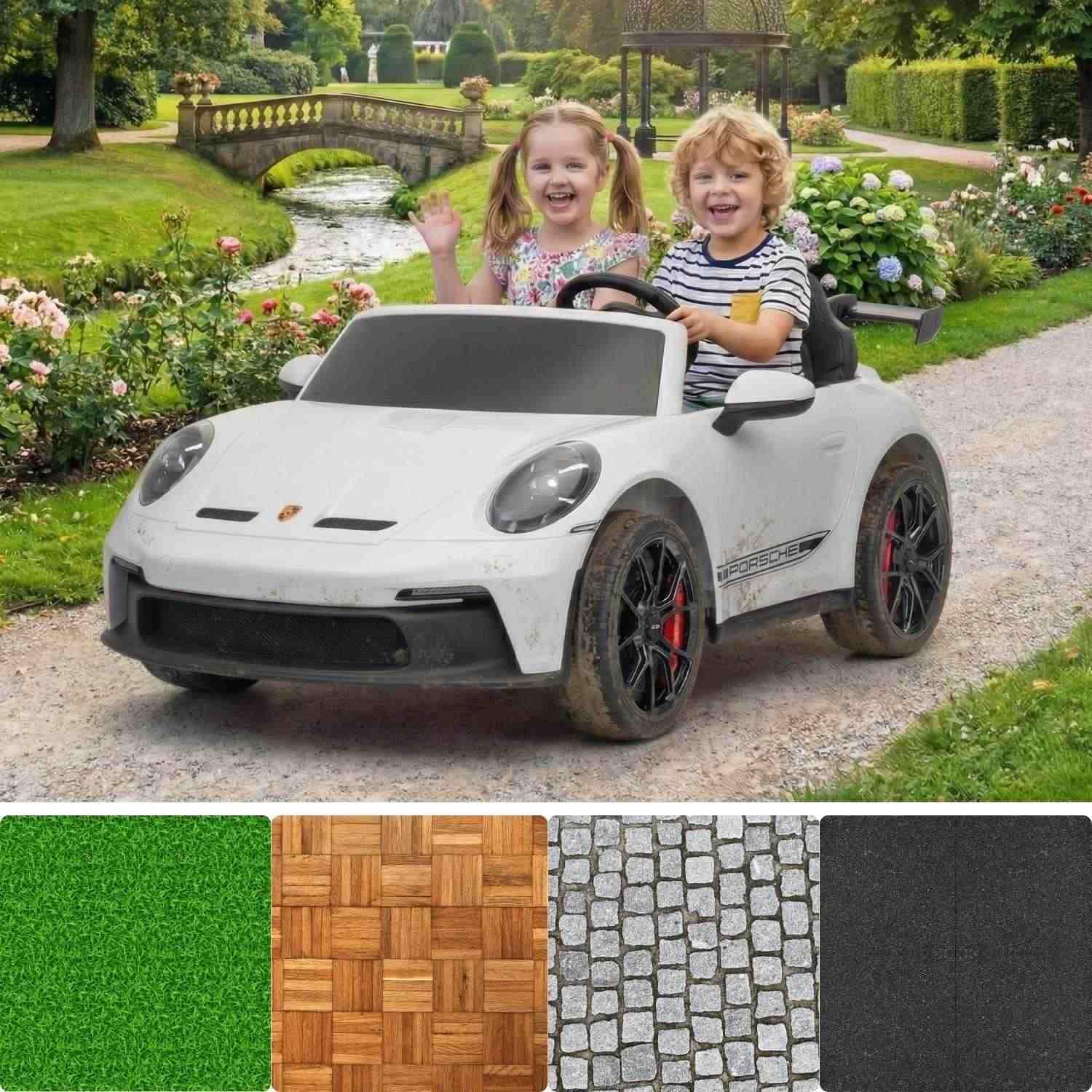 Elektrisches Kinderauto Porsche 911 24V mit 4x4-Antrieb, weiß, Zwei Sitze, 2,4-GHz-Fernbedienung, USB/AUX-Eingang, 200W-Motoren, Federung, Lithium-Batterie, LED-Leuchten vorne und hinten