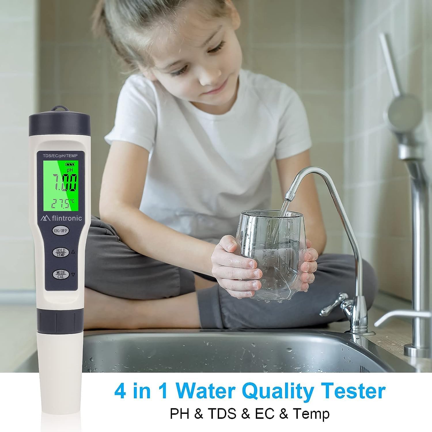 flintronic 4-In-1 PH Messgerät, PH/TDS/EC Temperatur Tester mit Hintergrundbeleuchtung, 0-14 pH-Messbereich-±0,1 pH-Genauigkeit, PH Wert Messgerät Pool Trinkwasser Schwimmbad Aquarium