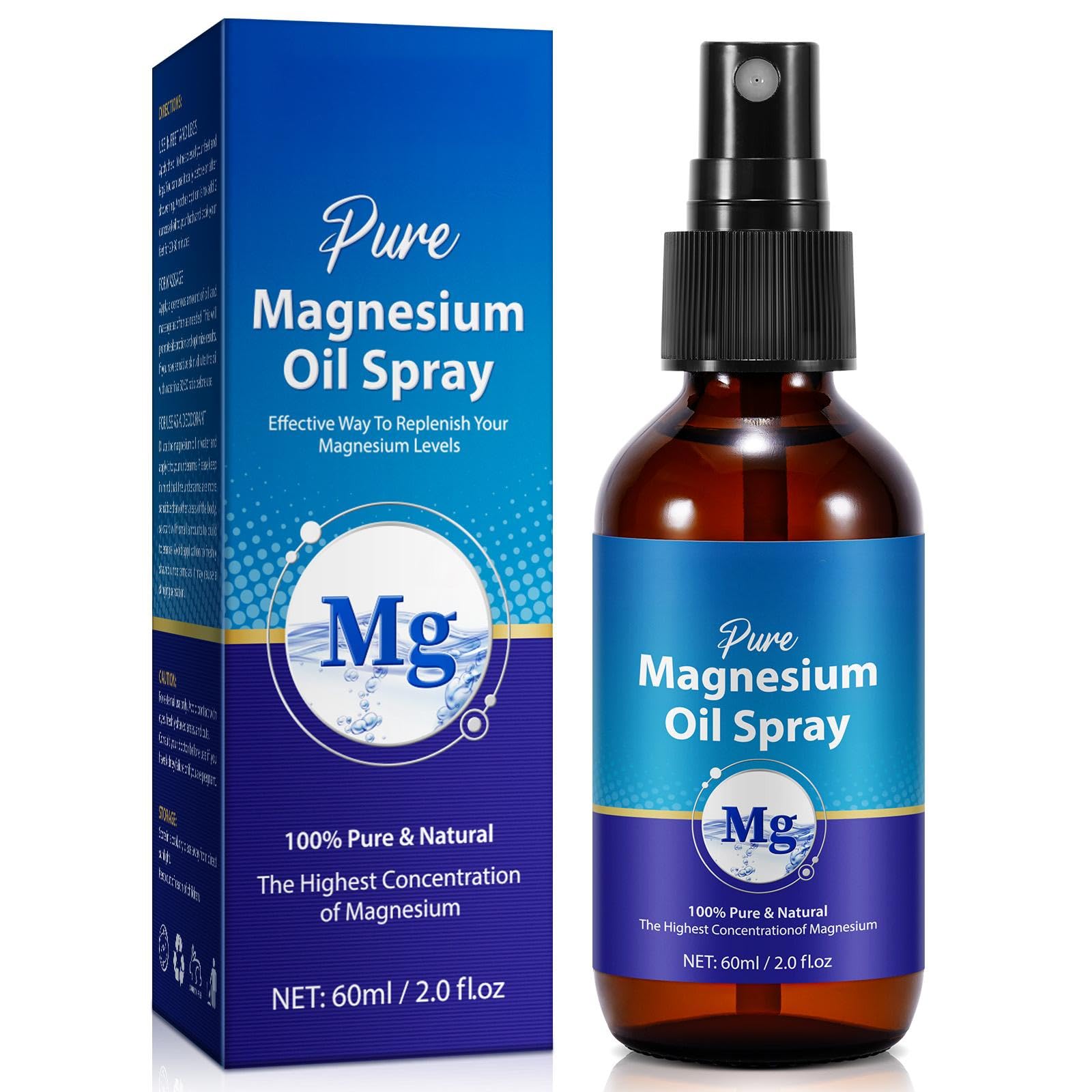Natural Magnesium Oil Spray – 60 mL (2.0 fl oz) | Magnesium Chloride Topical Body & Foot Mist, Alcohol-Free Formula – Leak-Proof Bottle