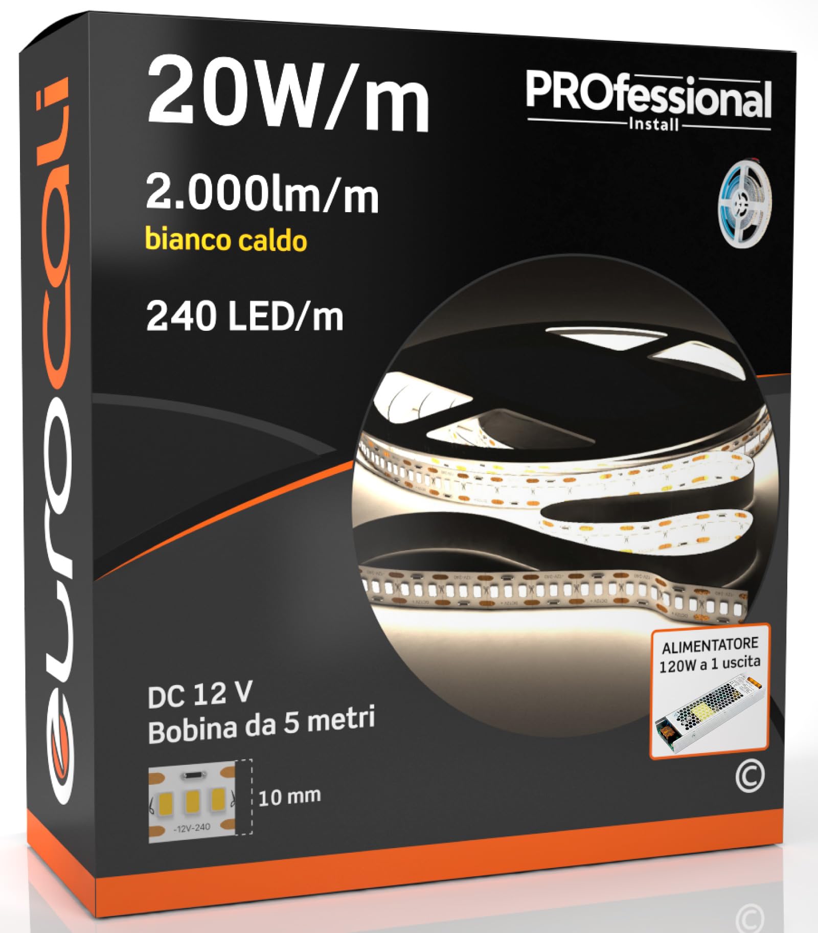 Eurocali Kit Striscia LED Monocolore 1200 LED 100W 240 LED/metro - Bobina da 5 metri - IP20 da interno - Luce Bianco Caldo 3000K + Alimentatore 120W per uso interno