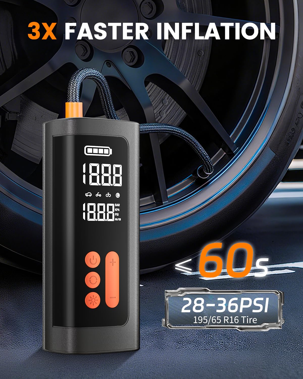 Tire Inflator Portable Air Compressor, Air Pump for Car Tires 3-150PSI Cordless with Battery 60W, Electric Bike Pump with Pressure Gauge, Auto Shutoff, for Ball, Motorcycle Accessories