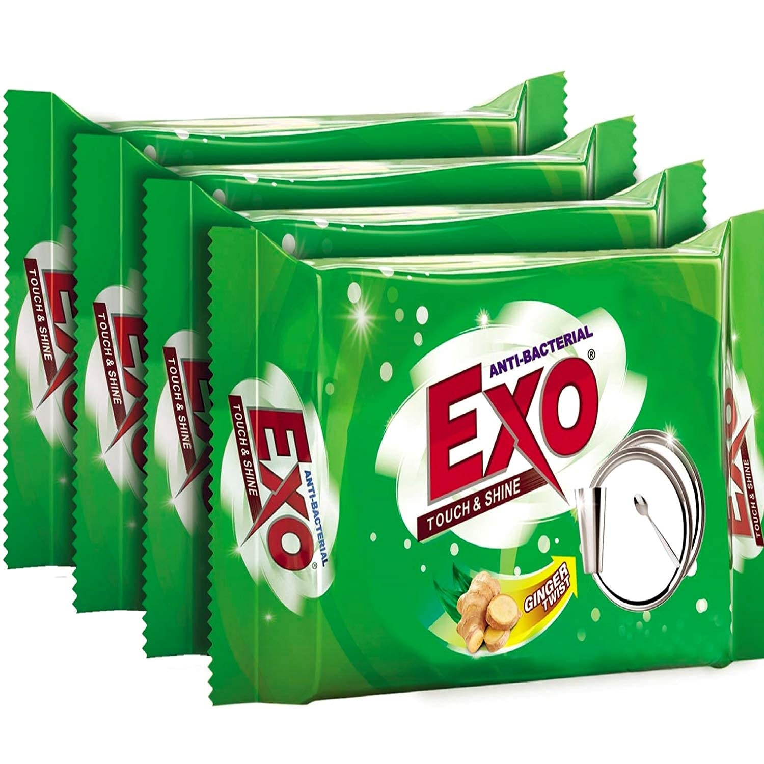 Exo Dishwash Bar, 360gm (90gm X (3 + 1 Bar Free) | Complete Dishwashing Solution With Anti-Bacterial Efficacy & Goodness of Ginger Remove Tough Grime Stains | Experience Hygienic & Superior Cleaning