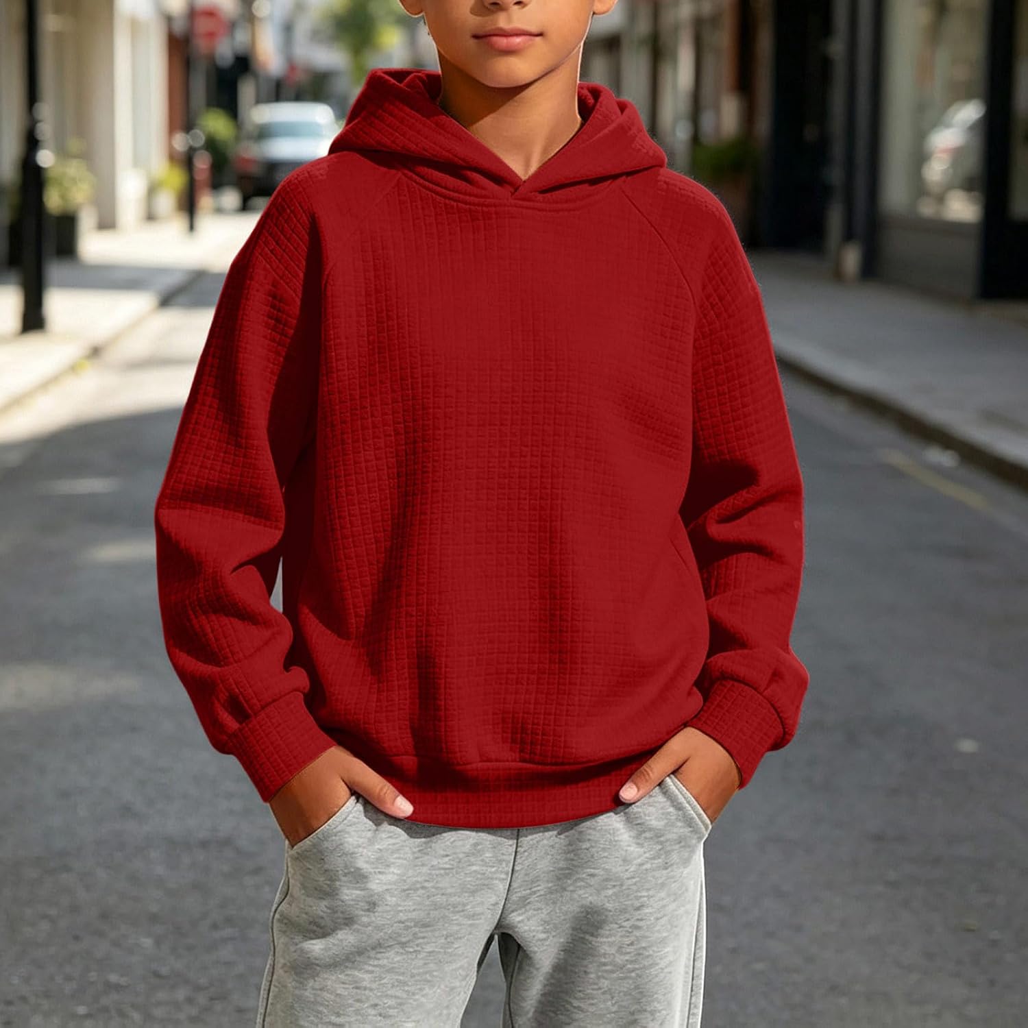 Kids Waffle Hoodie Pullover Textured Oversized Sweatshirt Fall Warm Top